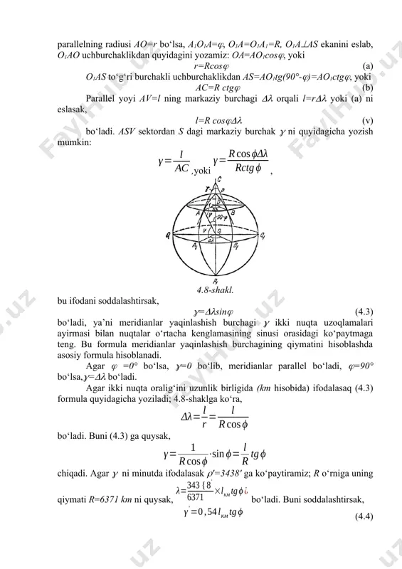‘i bo‘lganidan ular orasidagi burchak meridianlar yaqinlashish burchagi bo‘ladi. a yea v nuqtalar kenglamasini , uzoqlamalarini d va v desak ular ayirmasi v —d = uzoqlamalar farqi bo‘ladi. yer shari radiusini r desak, parallelning radiusi ao=r bo‘lsa, a1o1a=, o1a=o1a1=r, o1aas ekanini eslab, o1ao uchburchaklikdan quyidagini yozamiz: oa=ao1cos, yoki r=rcos (a) o1as to‘g‘ri burchakli uchburchaklikdan as=ao1tg(90°-)=ao1ctg, yoki ac=r ctg (b) parallel yoyi av=l ning markaziy burchagi orqali l=r yoki (a) ni eslasak, l=r cos (v) bo‘ladi. asv sektordan s dagi markaziy burchak ni quyidagicha yozish mumkin: ,yoki , 4.8-shakl. bu ifodani soddalashtirsak, =sin (4.3) bo‘ladi, ya’ni meridianlar yaqinlashish burchagi ikki nuqta uzoqlamalari ayirmasi bilan nuqtalar o‘rtacha kenglamasining sinusi orasidagi ko‘paytmaga teng. bu formula meridianlar yaqinlashish burchagining qiymatini hisoblashda asosiy formula hisoblanadi. agar =0° bo‘lsa, =0 bo‘lib, meridianlar parallel bo‘ladi, =90° bo‘lsa,= bo‘ladi. agar ikki nuqta oralig‘ini uzunlik birligida (km hisobida) ifodalasaq (4.3) formula quyidagicha yoziladi; 4.8-shaklga ko‘ra, bo‘ladi. buni (4.3) ga …