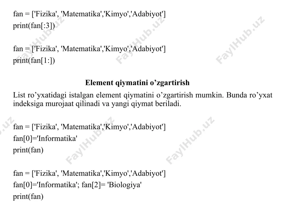 n ajratish orqali hosil qilinadi. tuple ro’yxati tartiblangan, o’zgarmas ro’yxat. uning elementlarini o’zgartirib bo’lmaydi. bu ro’yxatni oddiy qavslar bilan yoki tuple() konstruktori bilan hosil qilinadi: masalan: a = ("olma", "anor", "shaftoli") b = tuple(("gilos", "nok", "xurmo")) print(a) print(b) tuple (kortej) tuple elementiga murojaat qilishda uning indeksiga ko’rsatiladi. a = ("olma", "anor", "shaftoli") print(a[0]) natija: olma a = ("olma", "anor", "shaftoli") print(a[-1]) natija: shaftoli a = ("olma", "anor", "shaftoli","nok") print(a[1:3]) natija: ('anor', 'shaftoli') tuple (kortej) tuple ro’yxati tartiblangan, o’zgarmas ro’yxat deb yuqorida ta’kidladik, lekin tuple ro’yxatini avval list ro’yxatiga aylantirib, so’ngra uning istalgan elementini almashtirish mumkin. a = ("olma", "anor", "shaftoli","nok") b=list(a) b[2]="gilos" a=tuple(b) print(a) natija: ('olma', 'anor', 'gilos', 'nok') element qiymatlarini o’zgartirish tuple to’plamida ham for takrorlanishdan foydalanib elementlarni tanlab olish mumkin. a = ("olma", "anor", "shaftoli","nok") for i in a: print(i) natija: olma anor shaftoli nok ro’yxatda takrorlash any() - agar kortej elementi mavjud bo`lsa true qiymat qaytaradi, aks …