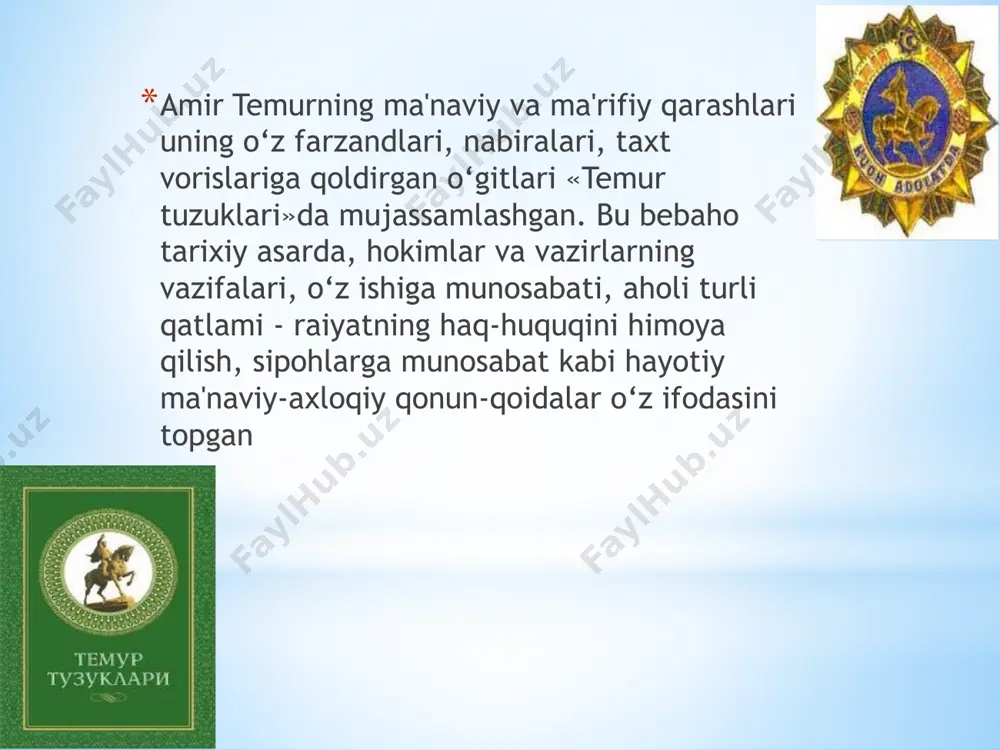oyqaro davrida quryilgan 300 dan ziod noyob inshootlar, masjidu madrasalar, maqabarau shifoxonalar, rabotu karvonsaroylar, suv havzalari, ko’priklar v.b. toshkent atrofida qurilgan zangiota maqbara majmuyi turkistonda ahmad yassaviy maqbara majmuyi shahrisabzdagi oqsaroy majmuyi buxoro, g’ijduvonda barpo etilgan masjid, madrasalar toshkent yaqinida shohruhiya shahri qurilishi «risola fil hisob» («hisobga doir risola») «sharhi mulahhas fil-ha’at» («astronomia asoslariga sharh») «risolatul jab» («sinus haqida risola») taftazonining «muftahul-ulum» («yillar kaliti») asariga sharh «zijiy ko’ragoni». bu asarda 1018 ta ulduzning o’rni, holati aniqlangan. jahondagi 683 ta geografik jolarning samarqand kengligiga nisbatan koordinatlari belgilangan. «to’rt ulus tarixi» ulug’bek akademiyasi olimlari ijodidan namunalar mirzo ulug’bek qalamiga mansub asarlar: suslam us-samo» («osmon norvoni») «risolat ul-atvor val-jab» («vatarlar va sinus haqida risola») «risola dor ilmi hisob» «risolai qusur» «risola dar handasa» «risola dar falakiot» «risola dar yilmi ha’at» «risolai mantiq» g’iyosiddin jamshid ali qushchi asarlari: qozizoda rumiy asarlari: mirzo ulug’bek (1394-1449) ulug`bek buyuk astronom, matematik, davlat arbobi. u o`rta osiyo xalqlari …