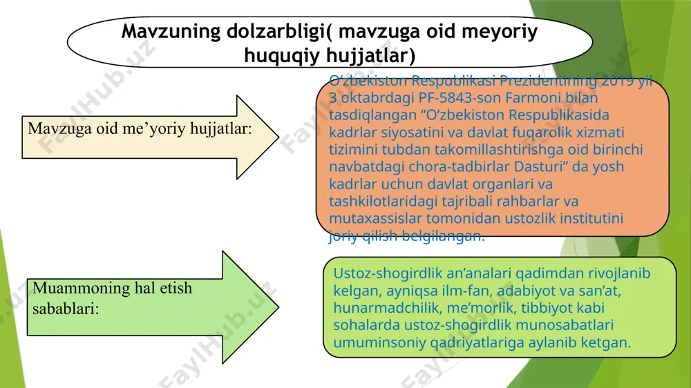 g izzati va hurmati hamisha yuqori bo'lgan. ota-bobolarimiz ustoz va shogirdlar uchun o'ziga xos odob-axloq, maxsus qonun-qoidalar, urf-odatlar, duolar, milliy an'analarni ishlab chiqqan bo'lib, bu qoidalarga qat'iy rioya qilingan. ustoz-shogird maktabi hududlardagi taʼlim muassasalarida «ustoz-shogird» maktabini tashkil etish uchun tuman (shahar) xalq taʼlimi muassasalari faoliyatini metodik taʼminlash va tashkil etish boʼlimiga taʼlim muassasalari tavsiya etilgan nomzodlar orasidan quyidagi talablarga muvofiq ustozlar tanlab olinib, ustoz ishlaydigan maktabda «ustoz-shogird» maktabi tashkil etilishiga oid buyruq qabul qilinadi. -oliy pedagogik maʼlumotga ega boʼlgan -oʼz fani yoʼnalishida ilgʼor tajribaga ega -faoliyati toʼgʼrisida taʼlim muassasasi rahbarlari, kasbdoshlari, oʼquvchilar va ularning ota-onalari tomonidan ijobiy baho berilgan; -ilmiy-amaliy anjumanlarda maʼruzachi sifatida ishtirok etgan, -respublika va mahalliy matbuotda eʼlon qilingan maqola yoki ilmiy, ilmiy-metodik, toʼplamlarda chop etilgan maʼruzalar muallifi; -“yilning eng yaxshi fan oʼqituvchisi”, “yilning eng yaxshi tarbiyachisi” koʼrik-tanlovi (respublika, viloyat, tuman) sovrindori; rejada berilgan mavzular ushbu maktabdagi yoki qoʼshni maktabda ilgʼor tajribali oʼqituvchilar tomonidan amalga oshiriladi ilgʼor tajriba …