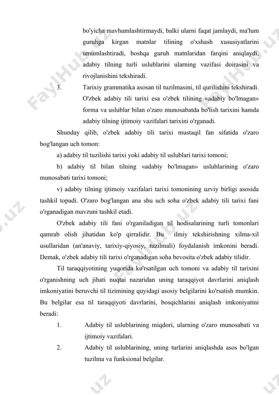 abiy til uslublarining miqdori, ularning o'zaro munosabati va ijtimoiy vazifalari. 2. adabiy til uslublarining, uning turlarini aniqlashda asos bo'lgan tuzilma va funksional belgilar. 3. adabiy til tuzilmasi, uning ko'lami va ijtimoiy vazifalari hamda u bilan jonli so'zlashuv nutqi ko'rinishlari o'zaro bog'liqligi. har bir davr adabiy til tizimini bayon etish sinxron tarzdagina bo'lib qolmaydi. o'zbek adabiy tilining tarixiy rivojlanish davrlarini ancha uzoq muddatlarni o'z ichiga oladi. adabiy til tizimlarini belgilovchi muhim o'zgarishlar uzoq davr mobaynida asta-sekin to'plana borib, yuz beradi. shunga ko'ra til qurilishi unsurlari faqat vazifadoshlik holatinigina emas, balki rivojlanish jarayonida vujudga keladi. shuning uchun adabiy til tarixi taraqqiyotining ma'lum davrlarida tilning qanday holatda ekanligi, xususiyati bilan bir qatorda, tilda nimalar yuz berayotganligini, qaysi sohalar o'zgarganligini, qanday yangi formalar paydo bo'lganligini ham o'rganadi. rivojlangan har qanday til, shu jumladan hozirgi o'zbek ikki tili ikki asosiy vazifani bajaradi, ya'ni funksional turga: adabiy til va jonli so'zlashuv tiliga bo'linadi. har bir muayyan …