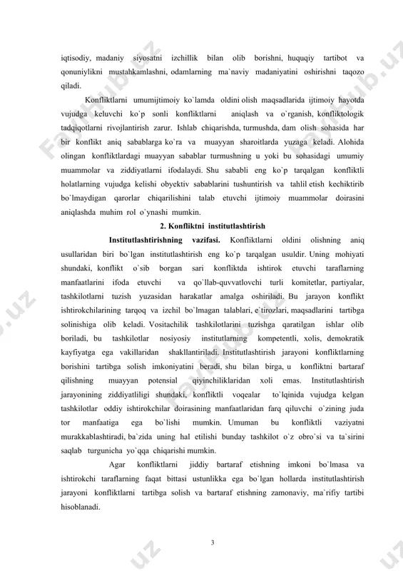 lari, e`tirozlari, maqsadlarini tartibga solinishiga olib keladi. vositachilik tashkilotlarini tuzishga qaratilgan ishlar olib boriladi, bu tashkilotlar nosiyosiy institutlarning kompetentli, xolis, demokratik kayfiyatga ega vakillaridan shakllantiriladi. institutlashtirish jarayoni konfliktlarning borishini tartibga solish imkoniyatini beradi, shu bilan birga, u konfliktni bartaraf qilishning muayyan potensial qiyinchiliklaridan xoli emas. institutlashtirish jarayonining ziddiyatliligi shundaki, konfliktli voqealar to`lqinida vujudga kelgan tashkilotlar oddiy ishtirokchilar doirasining manfaatlaridan farq qiluvchi o`zining juda tor manfaatiga ega bo`lishi mumkin. umuman bu konfliktli vaziyatni murakkablashtiradi, ba`zida uning hal etilishi bunday tashkilot o`z obro`si va ta`sirini saqlab turgunicha yo`qqa chiqarishi mumkin. agar konfliktlarni jiddiy bartaraf etishning imkoni bo`lmasa va ishtirokchi taraflarning faqat bittasi ustunlikka ega bo`lgan hollarda institutlashtirish jarayoni konfliktlarni tartibga solish va bartaraf etishning zamonaviy, ma`rifiy tartibi hisoblanadi. ijtimoiy konfliktlarni hal qilishning bunday ma`rifiy usuli hozirgi zamon g`arb demokratiyasi uchun tipik hisoblanadi. r.dalning fikricha, demokratik sharoitlarda zo`rlik ishlatishning imkoniyatlari cheklanadi. u faqat butun bir jamiyatda o`z tarafdorlariga ega bo`lmagan kamchilikka nisbatan istisno …