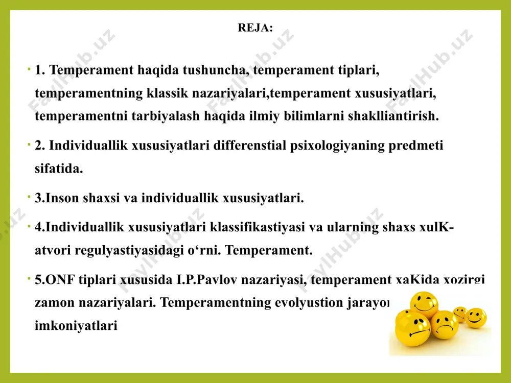 eza olmaydi, serg‘ayrat, ishchan, toliqmas. flegmatik- sust, his-tuyg‘usi (si) kam o‘zga-ruvchan, shunga ko‘ra bunday shaxsni kuldirish, jaxdini chiqarish, kayfiyatini buzish qiyin. ko‘ngilsiz hodisa, xavf-xatar haqidagi xabarga xotirjamlik bilan munosabatda bo‘ladi. vazmin, kam hara-kat. imo-ishorasi, mimikasi ko‘zga yaqqol tashlanmaydi. lekin ser-g‘ayrat, ishchan, faol, chidamli, matonatli. nutq va harakat sur’ati sust. melanxolik — senzitivligi yuksak. tortinchoq, g‘ayratsiz. araz-chan, xafaxon. jimgina yig‘laydi, kam kuladi. qat’iyligi va musta-qilligi zaif. tez toladi. ortiqcha ishchan emas. diqqati barqaror. his-tuyg‘usi sust o‘zgaradi. qotib qolgan (rigid). introvertirovan-lashgan. image1.png image2.png image3.png image4.png image5.png image6.png image7.png image8.png image9.jpeg image10.jpeg image11.jpeg image12.jpeg image13.png image14.png image15.png image16.png /docprops/thumbnail.jpeg