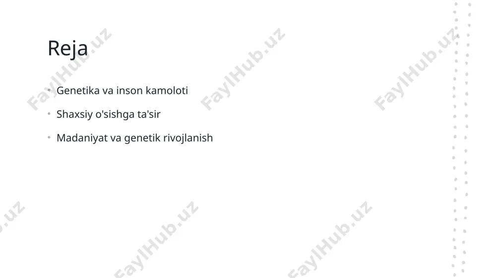 y qadriyatlar va zamonaviy ta'lim usullari shaxsiy rivojlanishga yordam beradi. shaxsiy o'sishda genetik omillarning roli va ta'siri. 1 genetik omillar genetik omillar inson o'sishida muhim rol o'ynaydi, ularning ta'siri shaxsning qobiliyatlari va xarakterini shakllantirishda muhim ahamiyatga ega. 2 genetik meros genetik meros, ota-onalardan bolalarga o'tadigan xususiyatlar to'plamidir. bu omil shaxsiy rivojlanishda muhim nuqtalarni belgilaydi va individual farqlarni keltirib chiqaradi. 3 atrof-muhit ta'siri genetik omillar atrof-muhit bilan birgalikda ishlaydi. shaxsning bioxavfsizligi, tarbiyasi va ijtimoiy muhit o'sishga ta'sir qiladi, genetik potentsialni amalga oshiradi. 4 shaxsiy rivojlanish shaxsiy rivojlanish jarayonida genetik omillar shaxsning o'ziga xos xususiyatlarini rivojlantirishga yordam beradi, bu esa muvaffaqiyat va farovonlikka olib keladi. genetik meros va shaxsiyatning rivojlanishidagi o'zaro bog'liqlik. 1 genetik merosning ahamiyati genetik meros inson shaxsiyatining asosiy komponentidir. ota-onalardan olingan genetik xususiyatlar, shaxsiy rivojlanish jarayonida muhim rol o'ynaydi. 2 shaxsiyat va genlar shaxsiyat xususiyatlari, masalan, extroversiya yoki introversiya, genetik omillar bilan bog'liq. genlar shaxsiy rivojlanishga ta'sir etadi va …