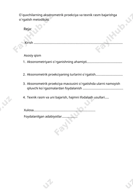 llikni mustahkamlash va rivojlantirish mafkurasi, shuningdek uning goyalariga mos keladigan manaviyat talablari asosida amalga oshiriladi. ayniqsa, yoshlarning kasb-korga yonalish olishini togri tashkil qilish asosan umumtalim maktablarida hal qilinadi. bu oz navbatida, oqish-oqitish, talim-tarbiya tizimini islohotlar qonuniyatlari bilan bogliq holda korib chiqishni taqozo etadi. 1993 yil 2 iyulda qabul qilingan ozbekiston respublikasining «talim togrisida» gi qonunida xuddi osha talab va qoidalar oz ifodasini topgan. kurs ishining vazifasi. buyumning shaklini va olchamlarini tekislikda aniq korsatadigan tasvir chizma deb ataladi. texnik chizmalarni togri chizish usullari, shuningdek, chizma xojaligining barcha sohalarini togri tashkil qilish haqidagi fan chizmachilik deyiladi. xalq xojaligining tarmoqlariga qarab,undan foydalaniladigan chizmalar har xil nom bilan ataladi. masalan, turli mashina va mexanizmlarning detallarini yasash uchun tuzilgan chizmalar mashinasozlik chizmalari deyiladi va ularni chizish usullarini orgatadigan qismi mashinsozlik chizmachiligi deyiladi. bino va inshootlar qurishda ishlatiladigan chizmalar qurilish chizmalari deyiladi . chizmada buyum toliq va yaqqol aks ettirilishi uchun chizma geometriya qonuni va qoidalariga …