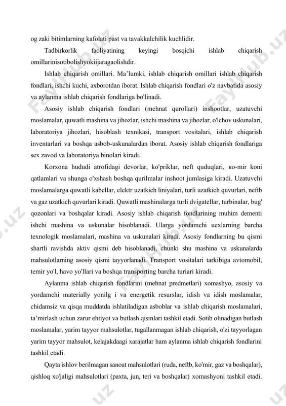 t, kelajakdaagi xarajatlar ham aylanma ishlab chiqarish fondlarini tashkil etadi. qayta ishlov berilmagan sanoat mahsulotlari (ruda, neftb, ko'mir, gaz va boshqalar), qishloq xo'jaligi mahsulotlari (paxta, jun, teri va boshqalar) xomashyoni tashkil etadi. materiallar esa ma’lum qayta ishlash jarayonidan o'tib tayyor mahsulot ishlab chiqarishga mo'ljallangan mehnat mahsulotidir. asosiy materiallar bo'lajak tayyor mahsulot (temir, yog och, mato)ning asosini tashkil etadi, yordamchi materiallar (bo>q, tugma va boshqalar) asosiy materiallar uchun ishlatiladi yoki (moylash materiallari) ishlab chiqarish jarayoniga yordamlashadi. asbob-uskunalar narxi va ishlatish muddatiga qarab aylanma fondlarga kiritiladi. asbob-uskunalarning xizmat muddati bir yildan oz bo'lsa, u aylanma fondlarga taalluqlidir. yarim tayyor mahsulotlar sotib olingan yoki o'zida tayyorlangan turlariga bo'linadi. yarim tayyor mahsulotlar iste’molga tayyor bo'lmagan bo'lib, uni boshqa цех firma yoki korxonada tayyor holatiga keltirish lozim. tugallanmagan ishlab chiqarish tugallanmagan mahsulot bo'lib, yarim tayyor mahsulotdan farqli ravishda o'z ishchi joyida turadi. uni me’yoridagi ishlov berish uchun korxonaning boshqa bo'linmasiga berilmay, shu sexning o'zida qiyomiga …