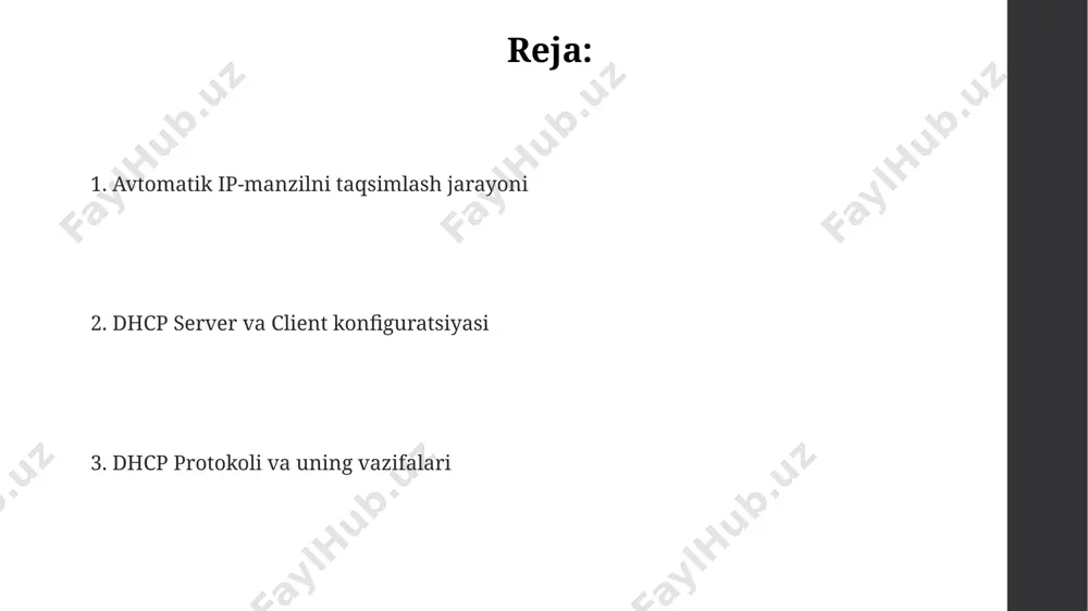 armoq xavfsizligini oshiradi. subnet maskalari (masalan, 255.255.255.192 yoki 255.255.255.224) dhcp scope'i ichidagi subnetlarning chegaralarini aniqlaydi va shu bilan birga har bir subnet uchun dhcp serveriga ip-manzillar oralig'ini aniq belgilashga yordam beradi. dhcp va xavfsizlik dhcp serverlarga kirishni nazorat qilish va mac-manzil filtrlash kabi xavfsizlik mexanizmlarini qo'llash orqali noqonuniy foydalanuvchilarning tarmoqqa kirishini cheklash mumkin, bu esa tarmoqning umumiy xavfsizlik darajasini oshiradi. dhcp snooping va ip source guard kabi xavfsizlik xususiyatlarini qo'llash orqali dhcp protokoli orqali tarqatiladigan ip manzillarni kuzatish va noqonuniy dhcp serverlarning faoliyatini aniqlash mumkin, bu esa tarmoq xavfsizligini yaxshilaydi. dhcp protokoli orqali ip-manzillarni avtomatik taqsimlash tarmoq xavfsizligini ta'minlashda muhim rol o'ynaydi, chunki u ip manzillarining takrorlanishini oldini oladi va 192.168.1.0/24 kabi xavfsiz subtarmoqlarni ishlatish imkonini beradi. dhcp serverni o'rnatish va konfiguratsiya qilish dhcp serverga dns serverlarining ip-manzillarini (kamida ikkita) qo'shish kerak, bu mijozlarga domen nomlarini ip-manzillarga tarjima qilish imkonini beradi va tarmoqdagi resurslarga kirishni ta'minlaydi. dhcp serverning lease vaqti …
