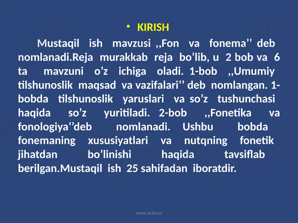 niy sath ham, tilshunoslikning shu sathni o‘rganadigan sohasi ham tushuniladi. fonetika (gr.phonetikos - tovushga, ovozga xos) tilshunoslikning boshqa sohalaridan farqli o‘laroq, nafaqat o‘rganish manbaining funktsional tomonini, balki nutq tovushlarini hosil qiluvchi talaffuz apparatini, shuningdek, ularning akustik xossalarini va til egalari tomonidan qabul qilinish jihatlarini ham tekshiradi. www.arxiv.uz fonetikaning bo‘limlari. fonetika, avvalo, umumiy, xususiy va qiyosiy fonetikaga ajraladi. umumiy fonetika. inson talaffuz apparatining imkoniyatlaridan kelib chiqqan holda nutq tovushlari hosil qilishning umumiy shartlari (masalan, undoshlarning hosil bo‘lishi o‘rniga ko‘ra lab, til, bo‘g‘iz undoshlarining farqlanishi, hosil bo‘lish usuliga ko‘ra portlovchi, sirg‘aluvchi, portlovchi-sirg‘aluvchi tovush xossalarining aniqlanishi kabilar), shuningdek, tovushlarning umumiy akustik xossalari o‘rganiladi. www.arxiv.uz fonologiya. fonologiya (gr. rhone - tovush, logos - ta’limot) termini tilshunoslikda xix asr oxirida nutq tovushlarining fiziologik-akustik (fizik) tomonidan funktsional (lingvistik) tomonini farqlash ehtiyoji bilan paydo bo‘ldi. fonologiya til tovush qurilishining struktur va funktsional qonuniyatlarini o‘rganuvchi soha bo‘lib, semiotik (ishoraviy) tizim sifatida nutqni akustik-artikulyatsion aspektda o‘rganadigan fonetikadan farqlanadi. www.arxiv.uz …