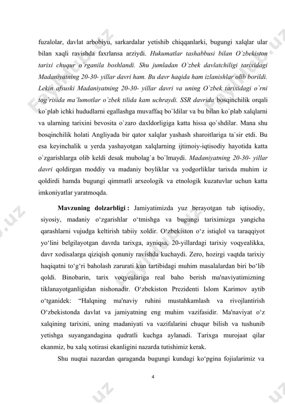 ing tajriba va saboqlaridan hozirgi sharoitda foydalanishga harakat qiladilar. tarixiy fanlarning eng muhim masalalarini chuqur o‘rganishga qiziqish kuchaygan hozirgi vaqtda ziddiyatli 20-30 yillardagi o‘zbekiston ijtimoiy-madaniy hayotini atroflicha, har tomonlama o‘rganish maqsadga muvofiqdir. kurs ishining maqsadi va vazifasi: ushbu kurs ishining maqsadi madaniyatning 20-30- yillar davri o`zbek tarixidagi o`rnini yanada kengroq ochib berish. bu davlat haqida ma’lumotlar juda kam. shu tufayli bu davrga doir ma’lumotlar bazasini kengaytirish va uni ilmiy nuqtai nazardan o`rganib mohiyatini yanada oydinlashtirishi va mavzuga oid mavjud ma’lumotlardagi noaniqlik va xatolarga oydinlik kiritish. shuningdek madaniyatning 20-30- yillar davri siyosiy ijtimoiy va iqtisodiy hayotiga aniqlik kiritish va tahlil qilishdan iborat. kurs ishining vazifasi: madaniyatning 20-30- yillar davri davlatchiligi tarixida ijtimoiy-iqtisodiy jarayonlarning tutgan o‘rnini turli ilmiy tadqiqot metodlari asosida o‘rganish maqsadida quyidagi vazifalar belgilab olindi: - madaniyatning 20-30- yillar davri ijtimoiy-iqtisodiy o‘rganilishi natijalarini tahlil qilish; - ma`lumotlarni umumlashtirish va ularning madaniyatning 20-30- yillar davri tarixi va madaniyatini o‘rganishdagi ahamiyatini ochib …