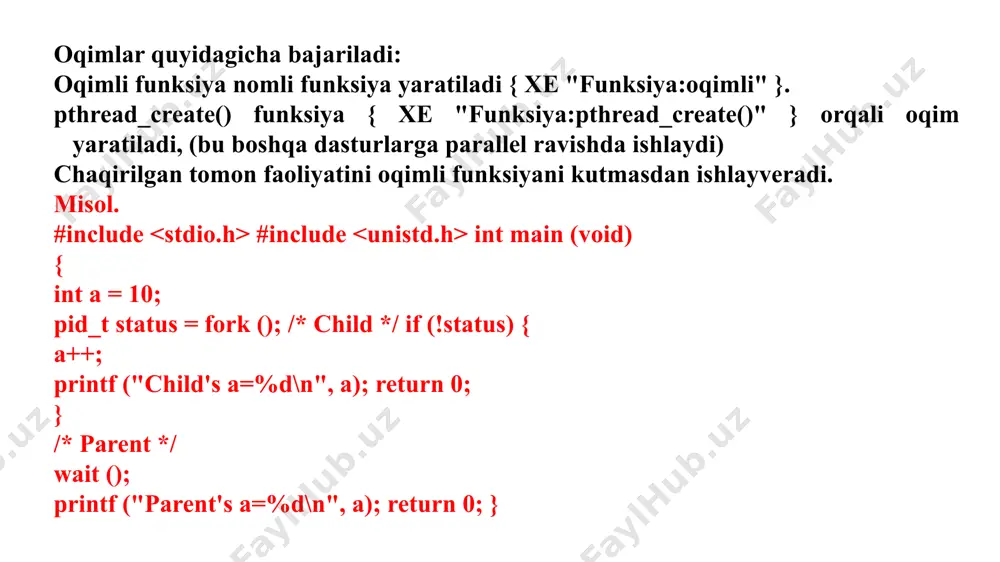 jo`natiladi. xar bir oqim uchun quyidagi parametrlar aniqlanadi: pthread_t pid; // oqim deskriptori • pthread_attr_t attr; // oqim atributlari • oqimni tugatish: • pthread_exit(value); value – qaytariluvchi qiymat yoki null quyida bir masalani ko`rib chiqamiz. #include #include void * any_func (void * args) { fprintf (stderr, "hello world\n"); sleep (5); return null; } int main (void) { any_func (null); fprintf (stderr, "goodbye world\n"); while (1); return 0; } oqimlar tasnifi oqimlar dasturiy ta’minotda bir nechta vazifalarni bir vaqtning o‘zida bajarishga imkon beruvchi engil jarayonlardir. oqimlar turli mezonlarga ko‘ra tasniflanadi: 1. yaratilish darajasiga ko‘ra: foydalanuvchi darajasidagi oqimlar (user-level threads): bu turdagi oqimlar foydalanuvchi kutubxonasi orqali boshqariladi. operatsion tizim ularni alohida oqimlar sifatida tan olmaydi. ular tez yaratiladi va boshqariladi, biroq bir oqim to‘xtasa, butun jarayon to‘xtashi mumkin. yadro darajasidagi oqimlar (kernel-level threads): bu oqimlar operatsion tizim yadrosi tomonidan bevosita boshqariladi. har bir oqim alohida resurslar va boshqaruvga ega bo‘lib, ular ustida …