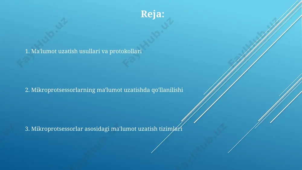 'shimcha bit yordamida yuborilgan ma'lumotlarning toq yoki juft sonli bitlariga nazorat qilinadi. 1-bitli xatoliklar aniqlanadi, lekin 2-bitli xatoliklar aniqlanmaydi. hamming kodi kabi ilg'or xatolikka chidamli kodlar, bir nechta paritet bitlarini qo'llab, 7 ta ma'lumot biti uchun 4 ta nazorat bitidan foydalanib, 1-bit va ba'zi 2-bitli xatolarni tuzatadi. mikroprotsessor asosidagi ma'lumot uzatish tizimlarining qo'llanilishi iot qurilmalarida kam quvvat sarflaydigan mikroprotsessorlar, masalan, esp32, bluetooth yoki wi-fi orqali 2,4 ghz chastotada ma'lumot uzatishda samarali ishlatiladi, bu esa energiya tejashga va uzoq muddatli ishlashga yordam beradi. sensorlardan olingan 1000 dan ortiq ma'lumot nuqtalarini qayta ishlash va uzatish uchun yuqori tezlikli uart yoki spi interfeyslaridan foydalanadigan mikroprotsessorli tizimlar zamonaviy tibbiyot asboblarida muhim rol o'ynaydi. mikroprotsessor asosidagi tizimlar, masalan, 8-bitli avr yoki 32-bitli arm protsessorlari, sanoat avtomatikasida real vaqt rejimida ma'lumot uzatish uchun keng qo'llaniladi, bu esa yuqori aniqlik va tezkor javobni ta'minlaydi. serial va parallel ma'lumot uzatish usullari parallel uzatishda bir vaqtning o'zida 8 bit …