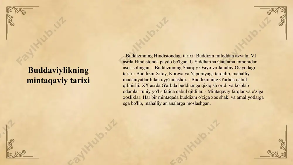 m o'zgarishi va ijtimoiy adolatsizlikka javob berishda davom etishi mumkin. buddaviylikning asosiy qadriyatlari, hamda uning zamonaviy jamiyatdagi ahamiyati, yosh avlodlar uchun muhim ta'lim manbai bo'lib qoladi. e'tiboringiz uchun rahmat! designed by slides carnival image3.jpg image4.png image17.jpg image2.png image8.jpg image18.jpg image6.png image7.png image9.jpeg image11.png image12.png image13.png image14.png image15.png image16.png image10.png image1.jpg