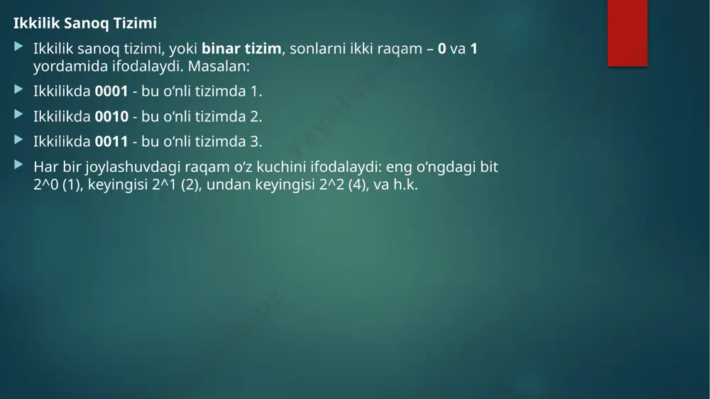 gpular grafikani qayta ishlashga ixtisoslashgan bo‘lib, ko‘p sonli ikkilik operatsiyalarni bir vaqtning o‘zida bajaradi. gpu, masalan: bir nechta piksel uchun ma’lumotni 0 va 1 lar sifatida saqlaydi. har bir piksel rangini 24 bit bilan ifodalaydi (masalan, 11111111 00000000 00000000 bu qizil rangga teng). gpular juda ko‘p matematik hisoblashlarni amalga oshiradi, bu esa video o‘yinlar va grafik dasturlar uchun muhimdir. ma'lumotlarni ramga yozish va o‘qish: protsessor ramga ma’lumot yozadi, masalan, 01010101 (85). keyinchalik protsessor ushbu ma’lumotni o‘qishi mumkin, bu esa kompyuterda tegishli dasturiy amallarni bajarishda ishlatiladi. grafik kartada piksel yaratish: gpu rangli piksellarni yaratadi. misol uchun, bir pikselda 00000000 11111111 00000000 bo‘lsa, bu piksel qizil rangni bildiradi. "hello" so'zi ascii kodlariga aylantirilganda: h = 72₁₀ = 1001000₂ e = 101₁₀ = 1100101₂ l = 108₁₀ = 1101100₂ o = 111₁₀ = 1101111₂ shunday qilib, "hello" so'zi xotira yoki protsessorda 1001000 1100101 1101100 1101100 1101111 ko'rinishida saqlanadi. 1. ascii nima? ascii (american …