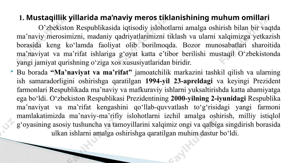 chilik, diniy ekstremizm va terroristik harakatlarga adashib qo’shilib qolish, milliy qadriyatlarga e’tiborsizlik, erta turmush qurish, oilaviy ajralishlar kabi salbiy holatlarning oldini olishga qaratilgan targ’ibot ishlarining aksariyat hollarda kutilgan natijani bermayotgani bu masalalarga jiddiy e’tiborni talab etmoqda. tavallud sanalar 1994-yil mirzo ulubek tavallud topgan kunining 600 yilligi keng ko’lamda, jahon miqyosida nishonlandi. yunesko ning parijdagi qarorgohida yubileyga bag’ishlangan haftalik o’tdi. tavallud sanalar sohibqiron amir temurning 660 yilligi bo’lib o’tdi. yunesko tomonidan 1996-yil “amir temur yili” deb e’lon qilindi. shu yili yunesko ning parijdagi qarorgohida “temuriylar davri, fan, madaniyat va maorifning gullab yashnashi” mavzuida anjuman va unga bag’ishlangan ko’rgazma ochildi. mamlakatimizda “temur va temuriylar” muzeyi, amir temur nomi berilgan bog’lar, ko’chalar barpo etildi. tavallud sanalar abu iso at-termiziyning 1200 yilligi, mahmud az zamahshariyning 920 yilligi, najmiddin kubroning 850 yilligi, bahovuddin naqshbandning 675 yilligi keng ko’lamda nishonlandi. 1999 y 6 noyabrda jaloliddin manguberdining 800 yillik tavalludi nishonlandi. 1999 yil “alpomish” dostoni yaratilishining 1000 …