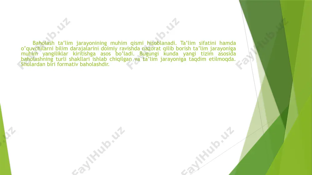 chilar va o‘qituvchilar tomonidan ishlatiladigan dalillarni yig‘ish va talqin qilish jarayoni shakllantiruvchi (formativ) baholash (o‘rganish uchun baholash): uyga berilgan vazifalar dars paytida beriladigan topshiriqlar savol-javob dars paytida o‘tkaziladigan nazorat ishlari o‘quvchilarning darsdagi faolligini kuzatish xulosalovchi (summativ) baholash – ta’lim dasturi yoki uning bir qismi so‘ngida erishilgan natijani rasmiy baholash. baholash vositalari: test yozma ish og‘zaki so‘rov loyiha e’tiboringiz uchun rahmat! image1.png image2.jpeg image3.jpeg image4.jpeg image5.jpeg /docprops/thumbnail.jpeg