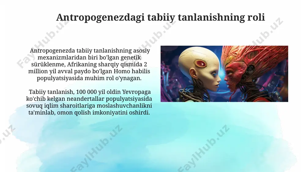 yashashi va o‘zaro hamkorlik qilishi muhim rol o‘ynagan. taxminan 5000 yil avval mesopotamiya va nil vodiysi kabi mintaqalarda suv toshqini va hosildor yerlarning mavjudligi qishloq xo‘jaligining rivojlanishiga va ijtimoiy ierarxiyaning paydo bo‘lishiga olib kelgan. insonning paydo bo‘lishining geografik joylashuvi insonning paydo bo‘lishining aniq geografik markazi hali aniqlanmagan bo‘lsa-da, taxminan 7 million yil avval afrikaning sharqiy qismida, taxminan 20-30 daraja janubiy kengliklarda, bir nechta turli hominidlarning evolyutsiyasi boshlangan. o‘rta pleistotsen davrida (taxminan 700 000 yil avval) homo erectus kabi dastlabki odamlar afrikadan osiyo va yevropaga, masalan, javaga va gruziyaga ko‘chib o‘tganligi arxeologik dalillar bilan tasdiqlangan. e'tiboringiz uchun rahmat @taqdimot_robot image2.jpg image3.jpg image4.jpg image5.jpg image6.jpg image7.jpg image8.jpg image9.jpg image10.jpg image11.jpg image1.png