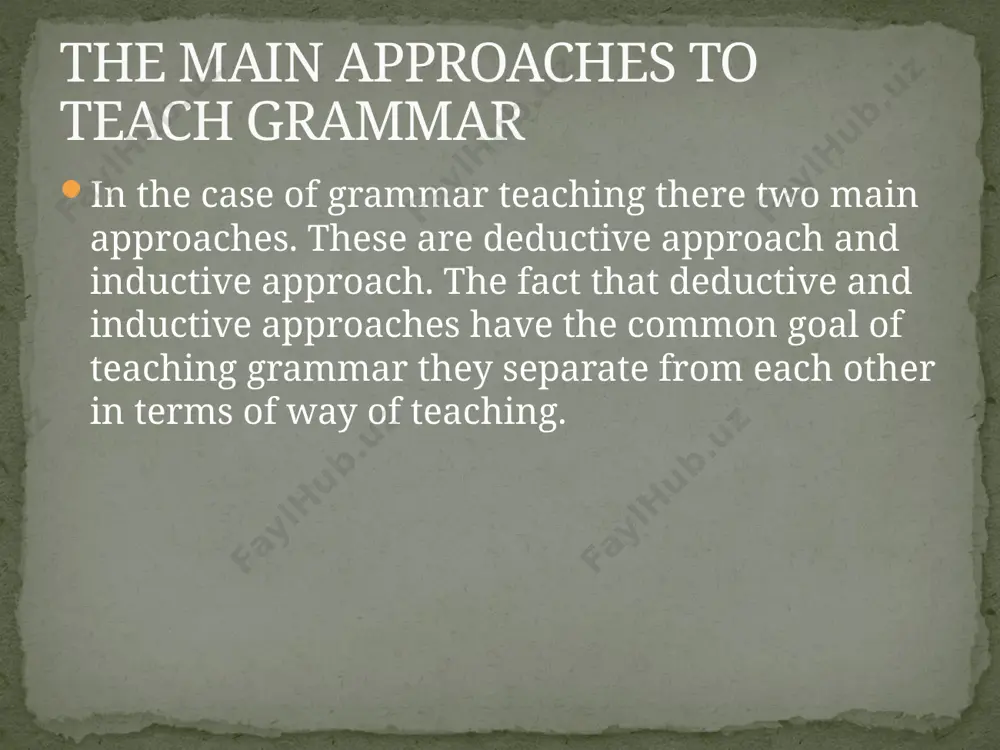 of teacher is to present the new grammar item to the learners. second role is to prepare exercises for the students. teacher is the organizer and controller of the classroom. conversely in an inductive teaching teacher behaves as a guide and helper while students study the grammar rules themselves. it appears that while deductive approach is teacher-centered and traditional, inductive approach is student-centered. each method is based on different teaching approaches for example, while grammar translation method is based upon deductive teaching, direct method relies on inductive teaching. according to andrews (2007), the audio-lingual method could be considered as a method where the grammar is taught both deductively and inductively. to illustrate this, in the audio-lingual method drills are used the basis of learning process. pupils are engaged with drills until they learn by heart them. during this process they are not provided any information about grammar structures. combination of …