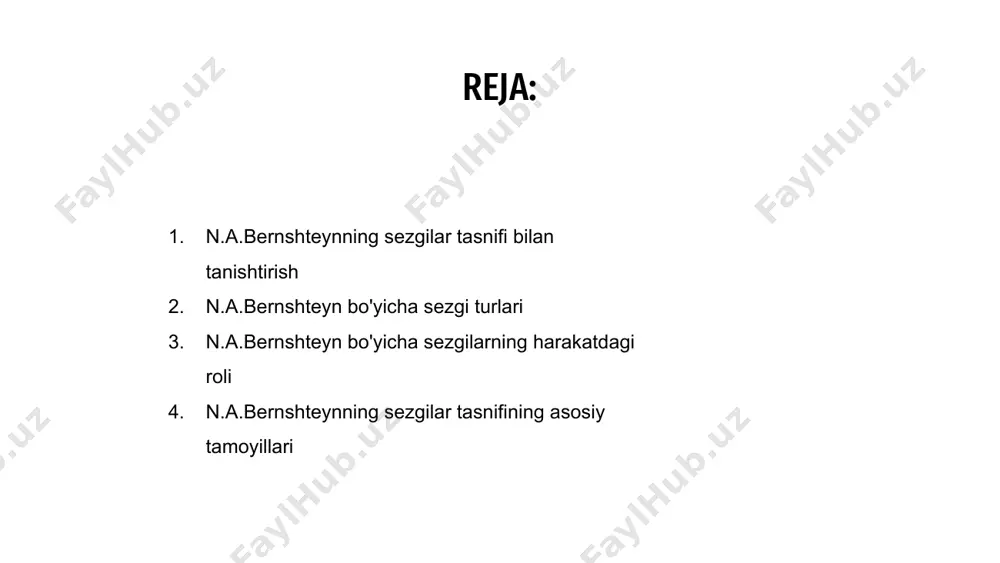 sh va vosita chiqishi o'rtasidagi murakkab munosabatlarni yoritib beradi. 02 n.a.bernshteynning sezgilar tasnifining asosiy tamoyillari n.a.bernshteynning sezgilar tasnifi turli sezgilarni o‘ziga xos sifat va xususiyatlariga ko‘ra alohida guruhlarga bo‘lish tamoyiliga asoslanadi. n.a.bernshteyn tasnifining asosiy tamoyillari sezgilarni modalligi, intensivligi, davomiyligi va tanadagi joylashuviga ko'ra tasniflash mumkin degan fikrni o'z ichiga oladi. n.a.bernshteynning sezgilar tasnifining asosiy tamoyillarini tushunib, tadqiqotchilar va amaliyotchilar hissiy ma'lumotlarning miya tomonidan qayta ishlanishi va talqin qilinishi haqida tushunchaga ega bo'lishlari mumkin. n.a.bernshteynning sezgilar tasnifi sportchilarning sportdagi stimullarni qanday idrok etishi va ularga munosabat bildirishiga rahbarlik qilib, hissiyotlarni tashqi yoki ichki deb tasniflaydi. n.a.bernshteyn nazariyasining sport psixologiyasida qo‘llanilishi sport psixologiyasida n.a.bernshteyn nazariyasi sportchilarning hissiy ongini va harakatini nazorat qilishni kuchaytirish, ish faoliyatini optimallashtirish va mahoratni rivojlantirish uchun qo'llaniladi. n.a.bernshteyn tamoyillarini tushunish va amalga oshirish orqali sport psixologlari sportchilarga raqobat sharoitida ularning diqqatini jamlash, muvofiqlashtirish va umumiy sport qobiliyatlarini yaxshilashga yordam beradi. 01 02 03 04 n.a.bernshteynning sezgilar tasnifi qo’zg’atuvchilarga …