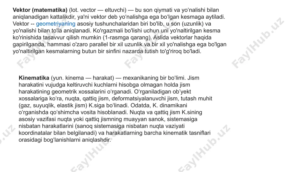 ladigan obʼyekt xossalariga koʻra, nuqta, qattiq jism, deformatsiyalanuvchi jism, tutash muhit (gaz, suyuqlik, elastik jism) k.siga boʻlinadi. odatda, k. dinamikani oʻrganishda qoʻshimcha vosita hisoblanadi. nuqta va qattiq jism k.sining asosiy vazifasi nuqta yoki qattiq jismning muayyan sanok, sistemasiga nisbatan harakatlarini (sanoq sistemasiga nisbatan nuqta vaziyati koordinatalar bilan belgilanadi) va harakatlarning barcha kinematik tasniflari orasidagi bogʻlanishlarni aniqlashdir. kinematikaning asosiy tushuncha va qoidalari.jismlarning harakatini ularga ta‘sir etuvchi kuchlar va inertligini (massasini) e‘tiborga olmay, sof geometrik nuqtai nazardan o’rganuvchi nazariy mexanikaning bir qismiga kinematika deyiladi. kinematika so`zi yunoncha «kinema» so`zidan olingan bo`lib, harakat ma‘nosini anglatadi. jismning vaqtga bog’liq ravishda fazoda boshqa jismlarga nisbatan vaziyatini o’zgartirishiga mexanik harakat deyiladi. harakat tushunchasi fazo, vaqt va jism (nuqta) tushunchalari bilan chambarchas bog`liq. vaqtning turli momentlarida harakatlanuvchi jism (yoki nuqta) ning boshqa jismlarga nisbatan holatini aniqlash uchun sanoq sistemasi tanlanadi. sanoq sistemasini shartli ravishda qo’zg`almas deb olish yoki harakatdagi jismga biriktirilgan deb qarash mumkin. jismning fazoda qiladigan …