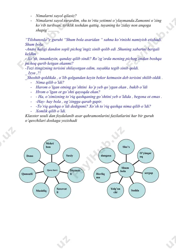 ukib o’ldi · hrom o’lgan ot go’shti qayoqda ekan? · - ha, o’zimizning to’riq qashqaning go’shtini yeb o’ldida , begona ot emas . · -hay- hay bola , og’zingga qarab gapir. · -to’riq qashqa o’ldi dedignmi? xo’sh to’riq qashqa nima qilib o’ldi? · xomlik qilib o’ldi. klasster usuli dan foydalanib asar qahramonlarini fazilatlarini har bir guruh o’quvchilari doskaga yozishadi mavzu yuzasidan qo’shimcha ma’lumotlar beriladi. shoirning 1- she’riy to’plami – “dinamo”, 2- she’riy to’plami “tirik qo’shiqlar” “sharqdan kelayotirman” she’riy to’plami uchun davlat mukofotiga sazovor bo’ladi. balladalari: “to’y” “ikki vasiqa” 2- jahon urushi yillarida : “kuzatish”, “sog’inish”’vaqt” ,”bizning ko’chada ham bayram bo’lajak”, ‘oltin medal”, ‘men yahudiy” she’rlari 1963- yil o’zbekiston xalq shoiri unvoniga va oybek bilan akademik unvoniga sazovor bo’ldi. 2003- yil 100 yilligi respublikamizda tantanali nishionlandi. shoirga “buyuk xizmatlari uchun “ ordeni berilgan. shoir 1966 yil 10-iyul kuni vafot etgan shoirning “vaqt “ she’ri ifodali o’qiladi. she’r tahlil qilinadi. aziz asrimizning …
