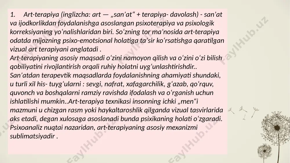 hlash. 5.mijoz bilan aloqa oʻrnatish. 6.oʻz-oʻzini nazorat qilishni rivojlantirish. 7.tuygʻular va his-tuygʻularga eʼtibor qaratish. 8.ijodkorlikni rivojlantirish va oʻz-oʻzini hurmat qilishni oshirish. 8 4. qum terapiyasi analitik psixologiya doirasida paydo boʻlgan psixoterapiya usullaridan biridir. dunyo va oʻzingiz bilan muloqot qilish usuli; ichki stressni yengillashtirish, bu oʻziga boʻlgan ishonchni oshiradi va rivojlanishning yangi yoʻllarini ochadi. qum terapiyasi insonga oʻzini chuqur anglash, aqliy yaxlitligini tiklash, noyob imidjini, dunyo rasmini toʻplash imkonini beradi.qum terapiyasi standart oʻlchamdagi yogʻoch laganda (50 × 70 × 8 sm), qum, suv va miniatyura figuralari toʻplamidan foydalanadi. qum qutilarining pastki va yon tomonlari odatda koʻk rangga boʻyalgan boʻlib, suv va osmonni simulyatsiya qilishga imkon beradi. toʻplam atrofda dunyoda uchraydigan turli xil ob’ektlarni oʻz ichiga oladi. inson va tabiat tomonidan yaratilgan, jozibali va dahshatli haqiqiy va mifologik predmetlar ishlatiladi. tabiiy materiallardan foydalanish insonga tabiat bilan aloqani his qilish imkonini beradi va sunʼiy miniatyuralar allaqachon mavjud boʻlgan narsalarni qabul qiladi. psixoerapevt uchun …