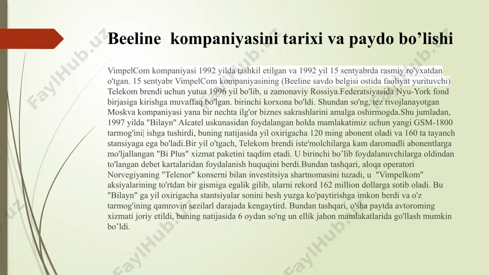ing rezyumeni har qanday qabul qilishni so'rab yuborishingiz mumkinvakansiya. shuningdek, qiziqarli takliflar mavjud, masalan: • " biz etakchi telekommunikatsiya korporatsiyasida o'zlarining professional kelajagini qurmoqchi bo'lgan rossiyaning eng yaxshi universitetlarining so'nggi kurs talabalarini kutmoqdamiz.o'zingizning barcha imkoniyatlaringizni oching! va biz, professionallar jamoasi, — biz sizga asosiy sirni-katta qanday ishlashi va ishlashi sirini ishonib topshiramizkompaniya. * har bir stajyor uchun biz individual amaliyot rejasini taklif qilamiz va shaxsiy murabbiy tayinlaymiz. sizni kompaniyaning joriy loyihalarida ishtirok etish, biznesning ixtisoslashgan yo'nalishidagi qiziqarli amaliy vazifalar, shuningdek bir qator treninglar kutmoqda"bilayn" universitetida.* eng yaxshi stajyorlar kompaniyada ishlashni davom ettirish imkoniyatiga ega bo'ladilar (moslashuvchan soatlar ish va o'qishni birlashtirishga yordam beradi) va kelajakda to'liq ish bilan ta'minlash uchun davlatga o'tish mumkin. beeline kompanivasining xalgaro savdodagi o'ini. 2011-yilgacha "bilayn" interbrand tomonidan rossiyaning eng qimmat brendi bo'lgan. "beeline" brendi 2009 — yil aprel oyida buyuk britaniyaning financial times gazetasi tomonidan tuzilgan 100 ta eng yirik jahon brendlari ro'yxatiga kiritilgan ikkita …