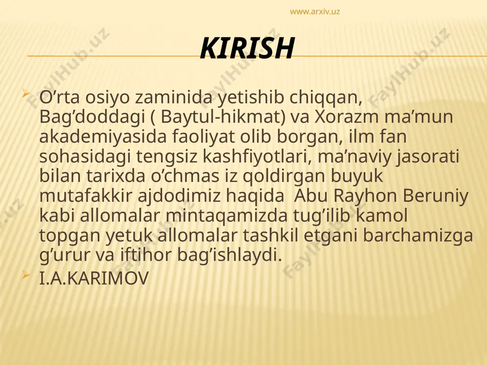 – abu rayxon beruniy muhammad ibn ahmad- o’rta asrning buyuk qomuschi olimi. u xorazm o’lkasining qiyot shahrida tug’ilgan.qiyot amudaryoning o’ng qirg’o–hozirgi beruniy shahrining o’rnida bo’lgan, yaqin vaqtlargacha shobboz deb atalgan. beruniyning qadimgi va o’rta asrdagi hindiston xalqlarining ma’naviy xayotini o’rganishga oid g’oyat qimatli asari bo’lgan “ hindiston” nomli kitobi tarix faning hodir xujatlaridan biri ekanligini ta’kidlab, akademik v.r. rozen shunday deydi: “bu yodgorlik shu hildagi asarlar ichida yagonadir va g’arb hamda sharqning butun qadimiy va o’rta asr ilmiy faoliyatida bunga teng keladigani yo’q”. www.arxiv.uz astronomiya faniga qo’shgan hissasi. beruniy xorazimda yashagan ilk davridayoq (22yoshigacha) qiyot shaxrida muxim kuzatishlar o’tkazgan. u “geo’deziya” nomli asarida astrano’mik kuzatish uchun zarur bo’lgan orginal asboblar yasaganligini, 990-991-yillarida xorazm shahrining kengligi va yarim kunlik quyosh balandligini ko’rsatadi. ayrim tarixiy malumotlarga va berunining o’zi xaqida “geyodeziya” asirida keltirilgan izoxlariga asoslanib, professo’r p. g. bilgako’f olimining ilmiy – ijodiy ishi o’n olti yarim yoshidan boshlangan degan xulosa chikaradi. …