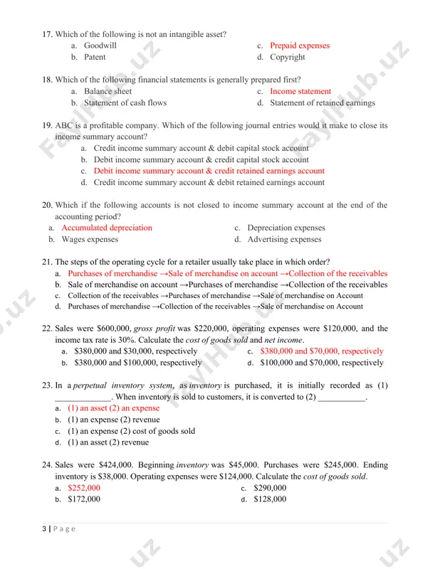 ventory 24. 25. which of the following is not an intangible asset? a. b. goodwill c. patent d. prepaid expenses e. copyright 26. 27. which of the following financial statements is generally prepared first? a. b. balance sheet c. statement of cash flows d. income statement e. statement of retained earnings 28. 29. abc is a profitable company. which of the following journal entries would it make to close its income summary account? a. credit income summary account & debit capital stock account b. debit income summary account & credit capital stock account c. debit income summary account & credit retained earnings account d. credit income summary account & debit retained earnings account 30. which if the following accounts is not closed to income summary account at the end of the accounting period? a. b. accumulated depreciation c. wages expenses d. depreciation expenses e. advertising expenses 31. the steps of …