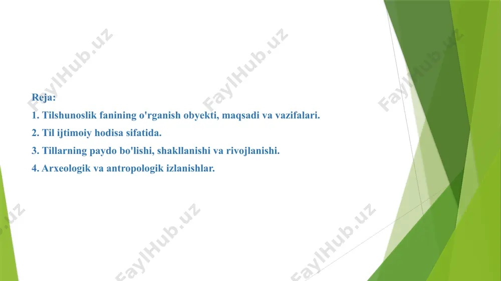 tushunchalarini o‘rganadi, talabalarni tilshunoslik fanida qo‘llaniladigan terminlar, tushunchalar tizimi bilan tanishtiradi. bu “umumiy tilshunoslik” fanining dastlabki bosqichi bo‘lib, murakkab til hodisalari va ularning qonuniyatlarini to‘g‘ri anglab yetish, qarindosh va qarindosh bo‘lmagan tillar guruhlarini bir-biriga solishtirib, tilning lug‘at tarkibi, fonetik tizimi va grammatik qurilishini ilmiy asosda chuqur o‘rganish uchun nazariy va amaliy jihatdan zamin yaratishga xizmat qiladi. o‘rganish sohasi nuqtai nazaridan tilshunoslik ikki katta guruhga ajratiladi: makrolingvistika (katta tilshunoslik) – tilning paydo bo‘lishi va uning taraqqiyot qonunlarini, tilning ijtimoiy mohiyatini: uning tafakkur bilan munosabatini, til va boshqa signal sistemalari orasidagi o‘xshashlik va farqlarni, tilning tarqalishi, yangi til masalalari kabi muammolarni o‘rganadi mikrolingvistika (kichik tilshunoslik) – tilning faqat ichki, ya’ni fonetik, leksik va grammatik tuzilishini o‘z ichiga oladi. ushbu yo‘nalishlar asosida tilshunoslikning quyidagi tarmoqlari yuzaga kelgan: 1. ekstralingvistika sotsiolingvistika va mentalingvistikani o‘zida birlashtiradigan, tilni ijtimoiy hodisa sifatida o‘rganuvchi fandir. bunda sotsiolingvistika tilning tabiati va ijtimoiy vazifasini, mentalingvistika esa til va tafakkur, tilning …