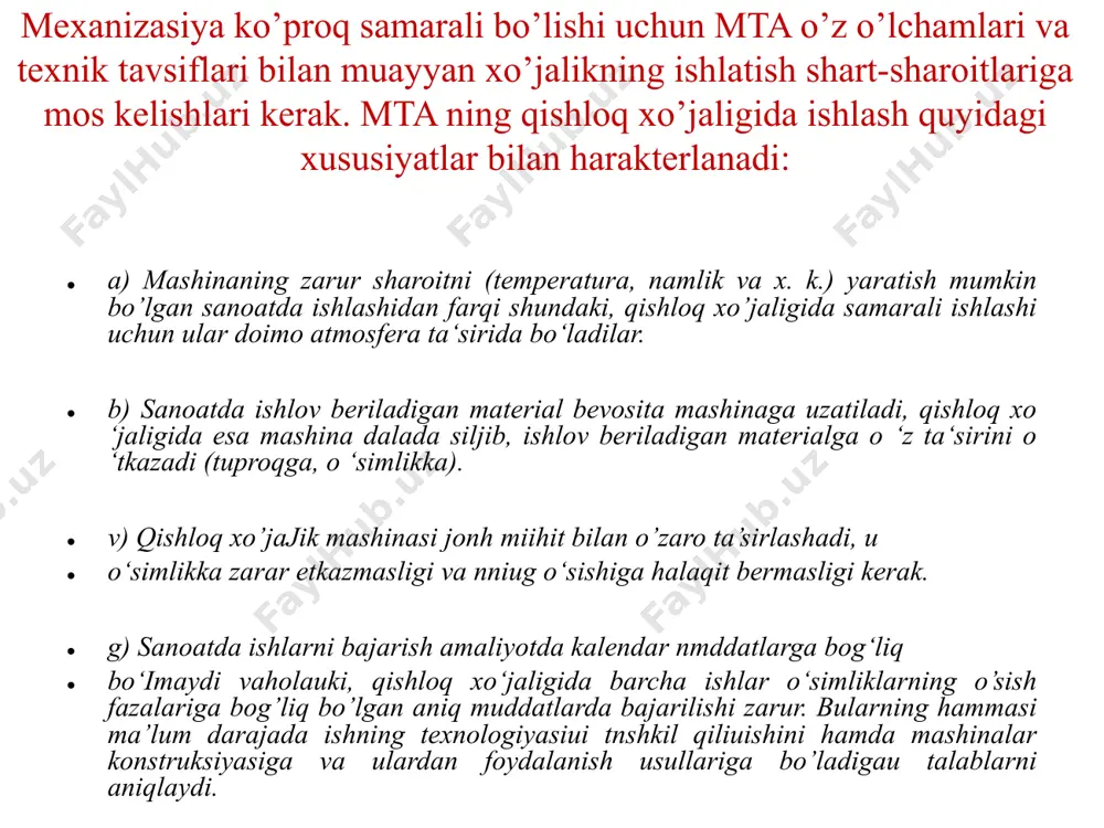 ridan alohida olganda va yaxlit mtp­dan foydalanganlikda xo’jaliklar turlarini (shirkat, fermer, hissadorlik..), sharoitlarini hisobga olgan holda eng yuqori samara beradigan uslublarni ishlab chiqish va hayotga tatbiq etishdir. birinchi savolda keltirilgan qishloq xo’jalik texnikkalarining soni va turlarini hisobsiz ko’payishi ma’lum darajada mahsulot tannarxining oshishiga olib keladi. shuning uchun ham mtp optimal o’lchamlarini aniqlash umumtexnika fanlariga, matematikaga va mutaxassislik fanlariga – qishloq xo’jalik mashinalari tuzilishi va nazariyasi, avtomobil va traktorlarning tuzilishi, ulardan foydalanish asoslari, qishloq xo’jalik texnikasining texnik holatini qayta tiklashga bag’ishlangan mashinalar ishonchliligi va ularni ta’mirlash faniga hamda juda ko’p matematik hisoblash usullariga suyanadi. uning rivojlanishi aynan shu va shu kabi fanlarning rivojlanish darajasiga bog’liqdir. mtpdan foydalanish ilmiy fan tariqasida bizning mamlakatimizda qishloq xo’jaligining barcha sohalari bilan birgalikda rivojlanib kelmoqda. uning rivojlanishini quyidagi bosqichlarga bo’lish mumkin: birinchi bosqich (davr) 1917 – 1935-yillarni o’z ichiga oladi va quyidagi muammolar bilan shug’ullandi: traktor, qishloq xo’jalik mashinalarining ratsional (maqsadga muvofiq) birikmalari; mta loyihasini ishlab …