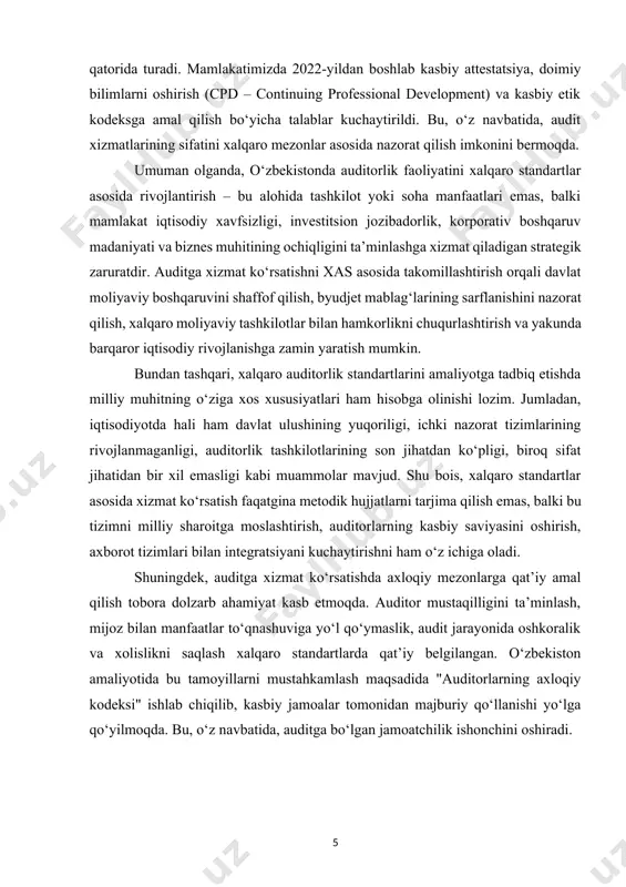 ilan cheklanmaydi, balki tashkilotlarning ichki boshqaruvi, xavf-xatarni boshqarish tizimi, soliq majburiyatlarini to‘g‘ri belgilash, moliyaviy oqimlarni aniqlik bilan aks ettirish, shuningdek, investitsion qarorlarni qabul qilish jarayonida ham hal qiluvchi rol o‘ynaydi. shu bois, xalqaro miqyosda tan olingan auditorlik yondashuvlarini qo‘llash, ya’ni xalqaro auditorlik standartlariga (isa – international standards on auditing) muvofiq faoliyat yuritish, xizmat ko‘rsatishning shaffofligi, kasbiy axloqiylik, obyektivlik va sifat kafolatlarini ta’minlashning eng muhim vositasiga aylangan. mazkur standartlar auditorlik jarayonining barcha bosqichlarini, jumladan rejalashtirish, nazorat, hujjatlashtirish, baholash va hisobot tuzish tartiblarini puxta belgilaydi. auditor har bir xizmat turi bo‘yicha o‘z ishini xalqaro metodik ko‘rsatmalar asosida yuritishga majbur bo‘ladi. natijada, xalqaro investorlar, moliya tashkilotlari va boshqa manfaatdor tomonlar o‘zbekiston audit tizimiga nisbatan ishonch bilan qaraydi. bu esa, mamlakatimiz iqtisodiyotining ochiqligi va raqobatbardoshligini oshirishga xizmat qiladi. o‘zbekistonda audit faoliyatini tartibga soluvchi huquqiy-me’yoriy baza so‘nggi yillarda tubdan yangilandi. jumladan, 2021-yilda “auditorlik faoliyati to‘g‘risida”gi qonunning yangi tahrirda qabul qilinishi, prezident qarorlarida auditorlik xizmatlari sifatiga …