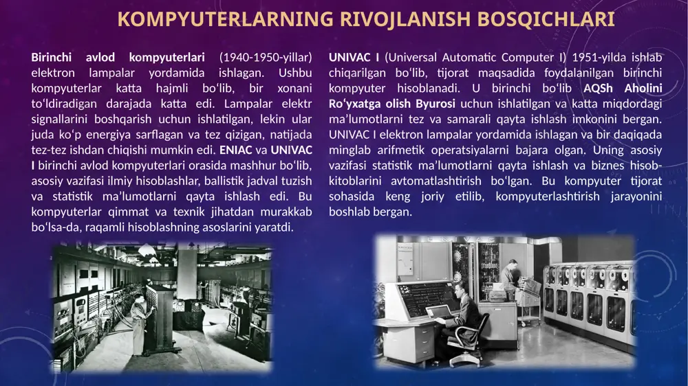 ternet odamlar, bizneslar va tashkilotlar o‘rtasida tezkor axborot almashish, savdo qilish va muloqot qilish imkoniyatini yaratdi. bulutli texnologiyalar esa, 2000-yillardan boshlab keng joriy etilgan bo‘lib, ma'lumotlarni saqlash va qayta ishlashni masofadan amalga oshirish imkonini berdi. foydalanuvchilar bulut orqali katta hajmdagi ma'lumotlarni xavfsiz saqlab, dasturlardan foydalanishi mumkin. bu texnologiyalarni kundalik hayotda ham, biznesda ham samarali qo‘llanmoqda, ularning qulayligi va osonligi katta afzallik yaratdi. sun'iy intellekt (ai) kompyuter texnologiyalarining muhim yo‘nalishiga aylanib, mashinalarga inson kabi fikrlash, o‘rganish va muammolarni hal qilish imkonini beradi. mashinaviy o‘rganish (ml) aining bir qismi bo‘lib, dasturlar ma'lumotlardan o‘rganib, o‘z faoliyatini yaxshilaydi. ai texnologiyasi turli sohalarda, jumladan, sog‘liqni saqlash (kasalliklarni aniqlash), transport (avtonom avtomobillar), xizmat ko‘rsatish (chatbotlar va ovozli yordamchilar), moliya (xavf va firibgarlikni aniqlash) va sanoat (avtomatlashtirilgan ishlab chiqarish) kabi sohalarda keng qo‘llaniladi. ai biznes jarayonlarini optimallashtirish va kundalik hayotni osonlashtirishda muhim rol o‘ynamoqda. kvant kompyuterlar - bu kvant mexanikasi qonunlariga asoslangan yangi turdagi kompyuterlar bo‘lib, an'anaviy …
