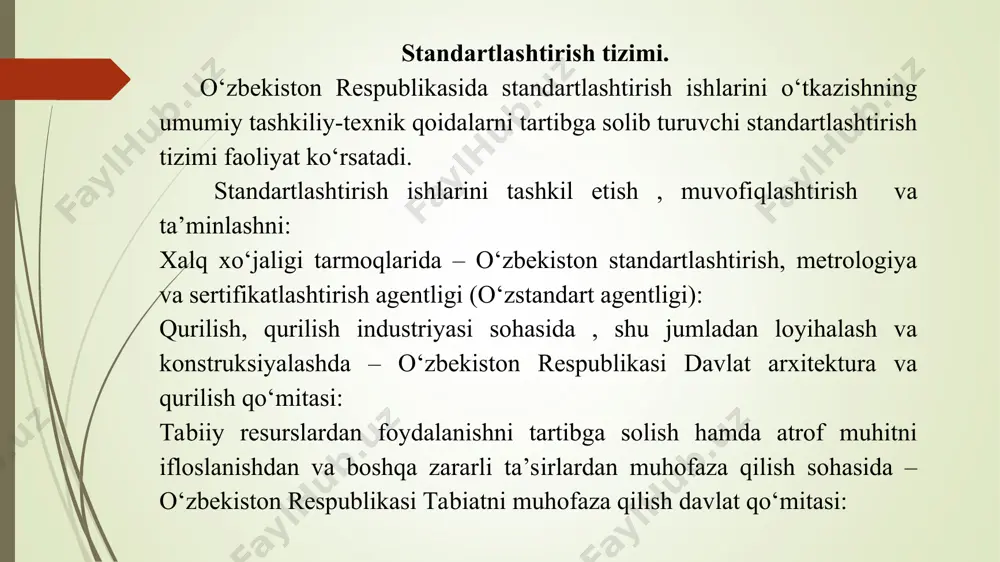 ari, bularda mahsulot tayyorlash, joyiga elitish va undan foydalanish talablari aks etgan bo‘ladi, sinash usullari va qabul qilish tartibi ko‘rsatiladi. -texnik talablar standartlari, bularda mahsulotni sifati, ishonchliligi va umrboqiyligi ko‘rsatkichlari me’yorlanadi, xizmat muddati belgilanadi va h.k. -sinash usullari standartlari, bularda sifatga baho berish uchun namunalarni ajratib olish tartibi, material va buyumlarni sinash uslublarini tanlashga doir talablar keltiriladi. bu standartlar sinash usullari va vositalarining birligini ( bir xil bo‘lishini) ta’minlaydi. bulardan tashqari sinash usullari standartlarida buyumlar sifatini nazorat qilishda ishlatiladigan o‘lchash asboblari ishlatiladigan o‘lchash asboblari va uskinalariga qo‘yiladigan talablar ham aks etgan bo‘ladi. -qobil qilish qoidalari, markalash, qadoqlash, eltish va saqlashga doir standartlarda, jumladan, buyumlarni qabul qilish tartibi, qabul qilish chog‘ida o‘tkaziladigan sinov dasturlari kabilar qonunlashtiriladi. buyumlarni tizimlashtirish hodisa yoki tushuncha bo‘lib, aniq bir sistemani tashkil qiluvchi, ishlatish uchun qulay bo‘lish ketma-ketligi va ma’lum tartibda joylashtirish maqsadida o‘tkaziladi. tizimlashtirishning yeng oddiy usullaridan biri ob’ektlarni alfavit tizimi bo‘yicha joylashtirishdir. tasniflashtirish-tizimlashtirishning turi hisoblanadi. …