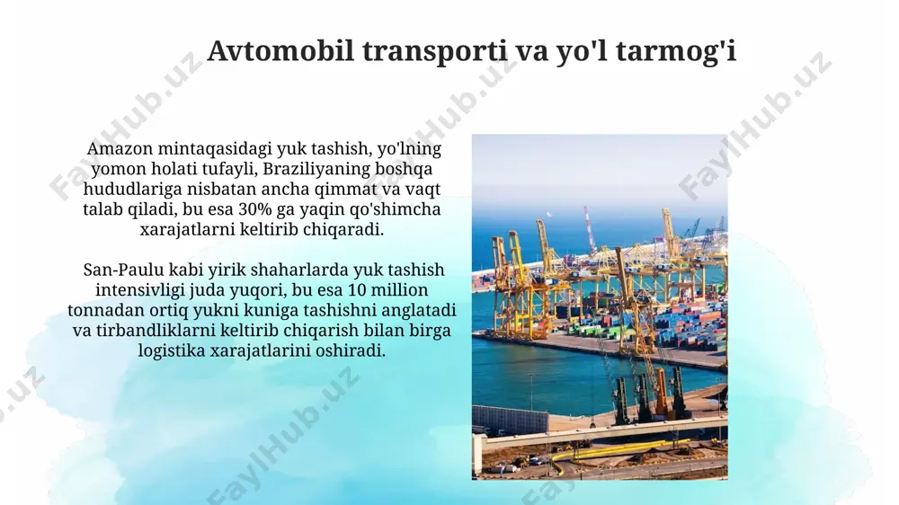 20 foizini tashiydi, ammo temir yoʻl uzunligi braziliyaning ulkan hududiga nisbatan yetarli emas. amazonka daryosi va uning irmoqlari braziliyaning shimoliy va gʻarbiy qismlarida 50 000 kilometrdan ortiq suv yoʻllarini tashkil etadi, bu ogʻir yuklarni tashishda muhim rol oʻynaydi, lekin navigatsiya cheklovlari mavjud. davlat siyosati va tartibga solish бразилия ҳукумати 2022 йилда логистика соҳасини ривожлантириш учун 15 миллиард реалага яқин маблағ ажратди, бу маблағлар асосан йўл инфратузилмасини яхшилашга ва сан-паулу каби йирик шаҳарлардаги портларни модернизация қилишга йўналтирилди. бразилиядаги логистика компаниялари учун солиқ ставкаларининг пасайиши ва божхона тартиботларини соддалаштириш бўйича 2023 йилдаги дастурлар, рио-де-жанейро портидаги юк айланмасини 10% га оширишни мақсад қилган. havodagi yuk tashish amazon daryosi bo'ylab 3000 km dan ortiq masofaga yuk tashish, ayniqsa, og'ir va hajmiy yuklar uchun arzon, ammo sekinroq variant hisoblanadi va ko'pincha ichki hududlarga xizmat ko'rsatishda qo'llaniladi. braziliya portlarida, masalan, santos portida konteynerlarni qayta ishlash tezligi yiliga 5 million teu dan oshadi, bu esa global savdo …