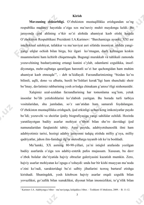 g dolzarbligini ko’rsatadi. mavzuning o’rganilganlik darajasi. o’zbek bolalar she’riyatida hajviylik muammosi tadqiqiga bag’ishlangan bir qator monografik tadqiqot va risolalar ham kam emas. ularda o’zbek bolalar she’riyatida qahramon, badiiy til va uslub, satira va yumor masalalari ijodkor mahorati nuqtai nazaridan u yoki bu darajada o’rganilganini kuzatish mumkin. bu tadqiqot, monografiya va risolalarda, garchi badiiy ijodga davr bilan bog’liq bir yoqlama yondashish holatlari mavjud bo’lsa-da, kichkintoylar adabiyotining badiiy o’ziga xosligi, tasvirning shartliligi, adabiy tanqidning ushbu muammoga munosabati xususida e’tiborli kuzatishlar o’z aksini topgan. jumladan, z.odilovaning ”o’zbek bolalar she’riyatida yumor va satira (60-70- yillar)” nomli tadqiqotida o’tgan asrning 60-70- yillari bolalar she’riyati materiallari asosida satira va yumordan foydalanish mahorati hamda yumorning bolalar she’riyatida tutgan o’rni masalalari o’rganilgan. tadqiqotchi quddus muhammadiy, shukur sa’dulla, zafar diyor, qudrat hikmat, po’lat mo’min kabi bolalar shoirlari yaratgan hajviy she’rlarni tadqiq etib, satira va yumorning tarbiyaviy o’rni, kulgi asosida fosh qilish va obraz muammolariga umumiy munosabat bildiradi. yuqorida qayd …