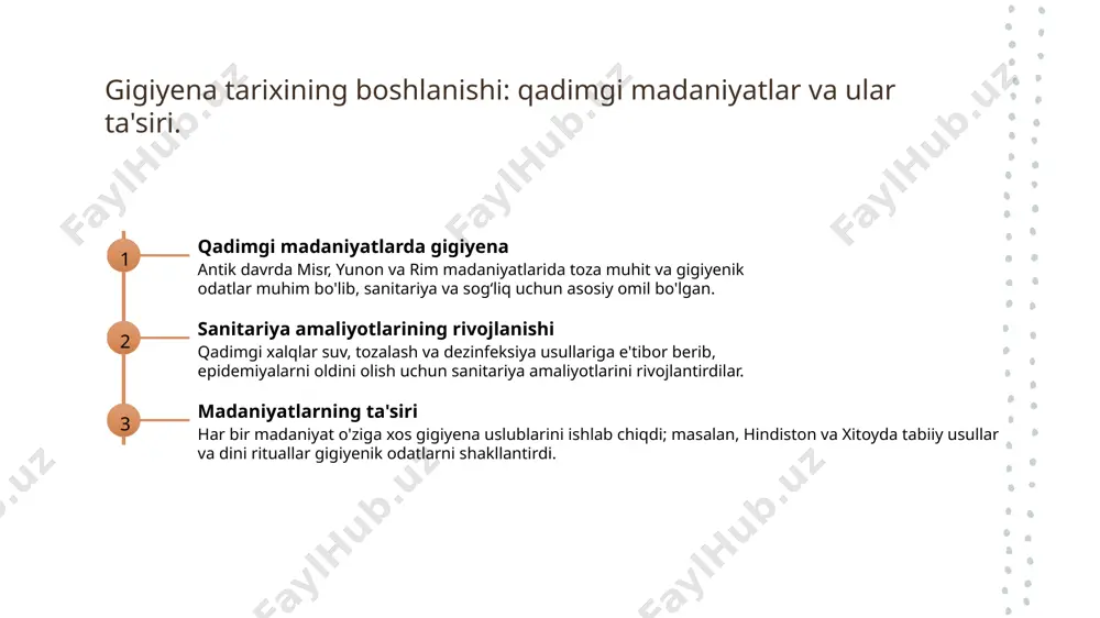 xalq orasida sog‘lom turmush tarzini targ‘ib qiladi. 3 ilm-fan va innovatsiyalar ilm-fan gigiyena sohasida yangi texnologiyalar va metodlarni joriy etadi, sog‘liqni saqlash sifatini oshirish uchun ilmiy tadqiqotlar olib boradi. 4 o‘zaro hamkorlik davlat, jamiyat va ilm-fan o‘rtasidagi hamkorlik gigiyena rivojlanishini ta’minlaydi, muhim muammolarni hal qilish uchun birgalikda ishlaydi. zamonaviy gigiyena standartlarining asosiy tamoyillari va ularning sog‘liqni saqlashdagi roli 1 zamonaviy sanitariya tamoyillari - xuquqiy va texnologik rivojlanishlar asosida, gigiyena standartlari toza muhit yaratishni, mikroblarni kamaytirishni va kasalliklarning oldini olishni ta'minlaydi. 2 sog‘liqni saqlashda profilaktika - zamonaviy gigiyena shartlari, kasalliklarni erta aniqlash va oldini olish uchun muhim bo‘lib, jamiyat salomatligini oshirishda profilaktik chora-tadbirlar muhim rol o‘ynaydi. 3 xalqaro standartlar va qonunchilik - dunyo bo‘yicha qabul qilingan sanitariya normalari va qonunlar, o‘zbekistonda gigiyena sifatini nazorat qilish va standartlarni muvofiqlashtirish uchun asos bo‘lib xizmat qiladi. 4 texnologik yangiliklar va innovatsiyalar - yangi texnologiyalar, masalan, avtomatlashtirilgan tozalash va dezinfeksiya uskunalari, gigiyena sifatini oshirish va …