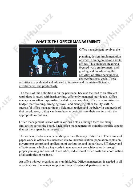 's administration, making sure that needed supplies are provided and that office equipment is in working order, office managers can sometimes hire, fire, train, and promote employees. corporate office management corporate office management jobs include the manager at each branch of a given company. the district manager (typically located at the head office) oversees all other branch managers, therefore traveling between company branch locations is often a main aspect of the job. additionally, corporate office managers plan new organizational approaches for human resources and marketing campaigns. medical office management medical office management requires detailed knowledge of anatomy and lab procedures, as well as health care laws. medical office managers typically work in doctor's offices, where they supervise all medical assistants. additional crucial responsibilities include patient confidentiality and the proper disposal of medical waste. legal office management legal office management jobs require practical law experience and an extensive understanding of law …