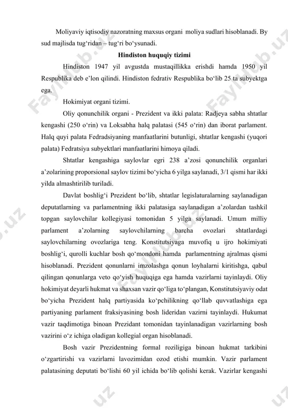 at vazir taqdimotiga binoan prezidant tomonidan tayinlanadigan vazirlarning bosh vazirini o‘z ichiga oladigan kollegial organ hisoblanadi. bosh vazir prezidentning formal roziligiga binoan hukmat tarkibini o‘zgartirishi va vazirlarni lavozimidan ozod etishi mumkin. vazir parlament palatasining deputati bo‘lishi 60 yil ichida bo‘lib qolishi kerak. vazirlar kengashi halq palatasi oldida javobgar va ishonsizlik votumi berilgan holda prezident tomonidan tarqatib yuboriladi. biroq prezident bosh vazir maslahatiga binoan quyi palatani tarqatib yuborishi mumkin. hindiston huquqiy tizimi turli xil huquqiy madaniyatlarni o‘zida aks etirgan bo‘lib o‘ziga hos ko‘rinishga ega. bir hind huquqiy madaniyat va huquqtizimi mavjud emas hind huquqi tizimlashgan.sohalarining ko‘pchiligi ingiliz huquqi ta’siri ostida shakllangan va bu sohalar yig‘indisi hind davlatining umum milliy huquqini tashkil etadi. hindiston umumiy huquq (anglo - sakson) huquqiy oilasiga kirishini esalatib etish lozim. diniy e’tiqodi, irqidan qat’iy nazar barcha shaxslarga qo‘laniladigan hududiy harakterdagi milliy huquq bilan birga hindsitonda indus va musulmon huquqining shaxsiy diniy tizimi amalda. indus huquqi - afrika …