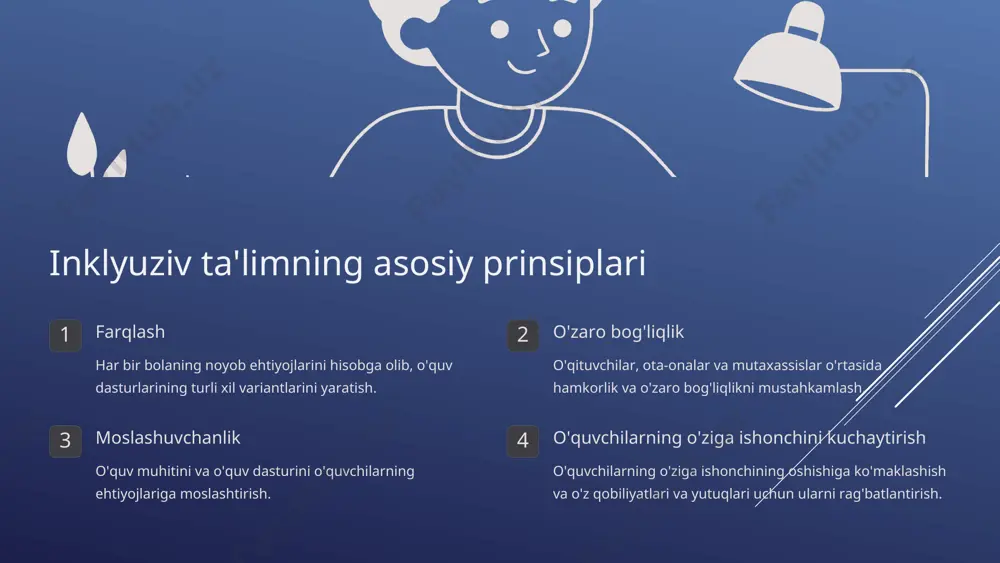 arning o'ziga bo'lgan qiziqishlarini uyg'otish, ularning o'ziga bo'lgan ishonchini kuchaytirishga javobgardir. * inkluziv ta'lim jarayonining afzalliklari o'quvchilarning o'rganish sifati oshadi inkluziv ta'lim o'quvchilarning o'rganish sifatini oshiradi, chunki ularning individual ehtiyojlari qondirilgan va ularning o'ziga bo'lgan qiziqishlari uyg'otiladi. o'quvchilarning ijtimoiy-emotsional rivojlanishi yaxshilanadi inkluziv ta'lim o'quvchilarning ijtimoiy-emotsional rivojlanishiga ijobiy ta'sir ko'rsatadi, chunki ular turli xil odamlar bilan muloqot qilishni va ularni tushunishni o'rganadilar. jamiyatning tolerantlik darajasi oshadi inkluziv ta'lim jamiyatning tolerantlik darajasini oshiradi, chunki u turli xil odamlarga hurmat va qadrlashni o'rgatadi. ta'lim tizimining samaradorligi ortadi inkluziv ta'lim ta'lim tizimining samaradorligini oshiradi, chunki u barcha o'quvchilarni o'ziga jalb qilish va ularning imkoniyatlaridan to'liq foydalanishga imkon beradi. * inkluziv ta'limda individuallashtirish va differensiatsiya 1 individuallashtirish o'quvchilarning individual ehtiyojlarini hisobga olgan holda o'quv dasturlari va o'quv materiallarini moslashtirish. bu ularning o'rganish usullarini, o'rganish tezligini va o'rganish maqsadlarini hisobga olishni o'z ichiga oladi. 2 differensiatsiya o'quvchilarning turli xil qobiliyatlari va ehtiyojlarini hisobga olgan holda o'qitish …