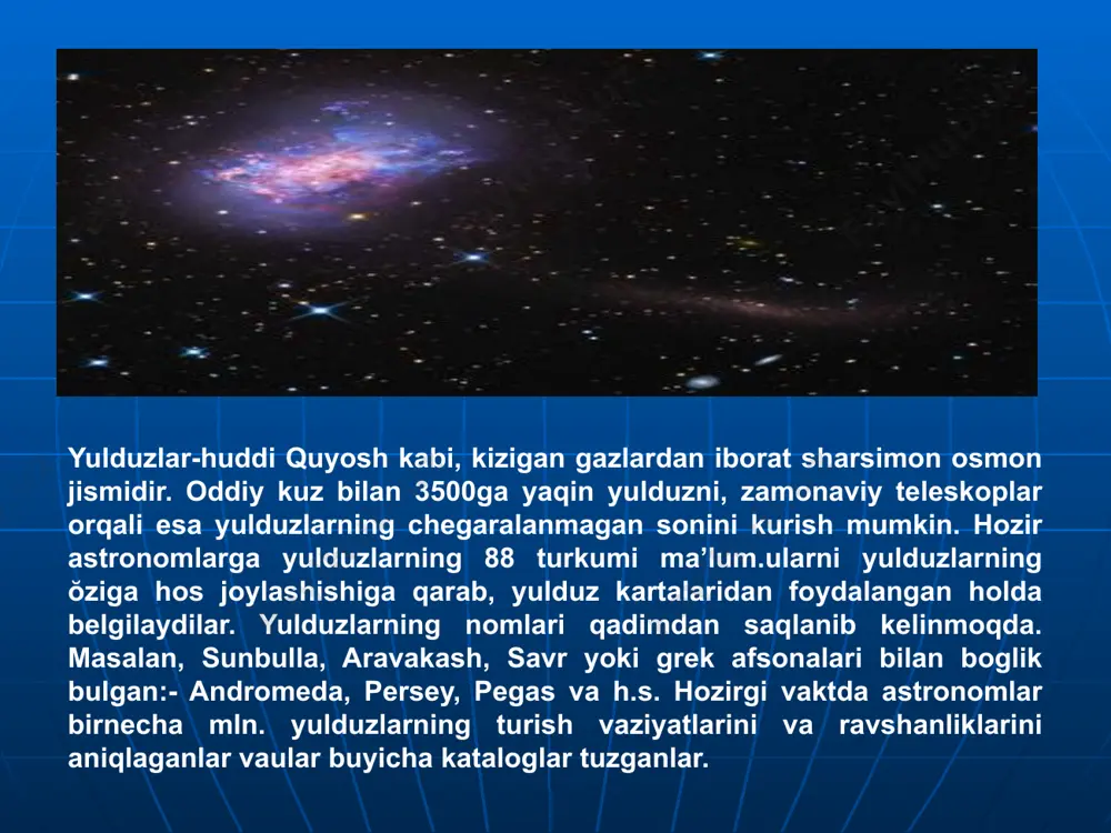 tlab olinganda 30000 parsek (ps.) yoki 100000 yoruglik yiliga teng deb olish mumkin. (izoh: 1 ps. (parsek) – 206265 astronomik birlik yoki 3,25 yoruglik yiliga teng; yoki quyoshdan yergacha bulgan masofani yoruglik 8,2 minutda bosib ŏtadi. – yerdan quyoshgacha bulganurtacha masofa – 150000000 km, yoki 1 astronomik birlikga teng) agarda bu kiymatlarurniga kuyilib hisoblab chikilsa juda katta rakam hosil buladi. bu esa galaktikaning anik chearasi yukligidan dalolat beradi. galaktikaning markaziga yaqinlashgan sari yulduzlarning zichligi ortib boradi. galaktika ŏzining markazi atrofida aylanadi. quyosh sistemasi ham bu aylanishda ishtirok etib, 250km\sek, tezlikda harakatlanadi va galaktika markazi atrofini 200 mln. yilda bir marta tuliq aylanib chiqadi. yulduzlar bir hilda emaslar.ularni «gigant» va «karlik» larga ajratiladi. gigant yulduzlar quyosh razmeriga qaraganda bir necha marta katta bŏladilar. masalan: deneb yulduzining hajmi quyoshga qaraganda 64000 marta , antares yulduzining hajmi esa denebga karaganda 1700 marta kattadir. ba’zi-bir yulduzlar quyoshga qaraganda 13 mlrd. marta katta, ayrimlari esa …