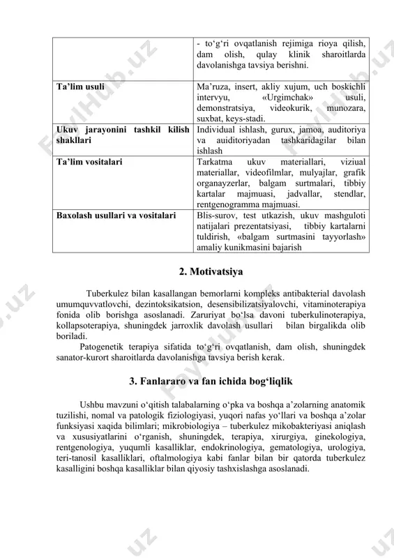 , viziual materiallar, videofilmlar, mulyajlar, grafik organayzerlar, balgam surtmalari, tibbiy kartalar majmuasi, jadvallar, stendlar, rentgenogramma majmuasi. baxolash usullari va vositalari blis-surov, test utkazish, ukuv mashguloti natijalari prezentatsiyasi, tibbiy kartalarni tuldirish, «balgam surtmasini tayyorlash» amaliy kunikmasini bajarish 2. motivatsiya tuberkulez bilan kasallangan bemorlarni kompleks antibakterial davolash umumquvvatlovchi, dezintoksikatsion, desensibilizatsiyalovchi, vitaminoterapiya fonida olib borishga asoslanadi. zaruriyat bo‘lsa davoni tuberkulinoterapiya, kollapsoterapiya, shuningdek jarroxlik davolash usullari bilan birgalikda olib boriladi. patogenetik terapiya sifatida to‘g‘ri ovqatlanish, dam olish, shuningdek sanator-kurort sharoitlarda davolanishga tavsiya berish kerak. 3. fanlararo va fan ichida bog‘liqlik ushbu mavzuni o‘qitish talabalarning o‘pka va boshqa a’zolarning anatomik tuzilishi, nomal va patologik fiziologiyasi, yuqori nafas yo‘llari va boshqa a’zolar funksiyasi xaqida bilimlari; mikrobiologiya – tuberkulez mikobakteriyasi aniqlash va xususiyatlarini o‘rganish, shuningdek, terapiya, xirurgiya, ginekologiya, rentgenologiya, yuqumli kasalliklar, endokrinologiya, gematologiya, urologiya, teri-tanosil kasalliklari, oftalmologiya kabi fanlar bilan bir qatorda tuberkulez kasalligini boshqa kasalliklar bilan qiyosiy tashxislashga asoslanadi. 4. darsning mazmuni 4.1. nazariy qism. tuberkulyozni …