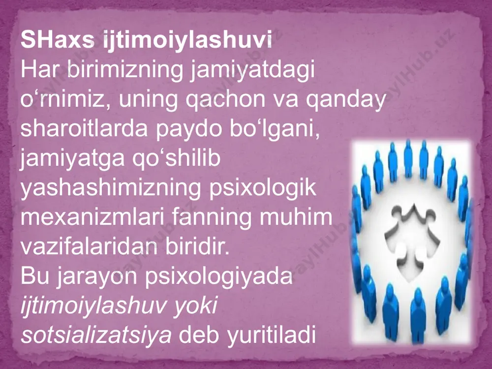 mahalla, -rasmiy davlat muassasalari (boqcha, maktab, maxsus ta’lim o‘choqlari, oliygohlar, mehnat jamoalari) -hamda norasmiy uyushmalar, -nodavlat tashkilotlari kiradi. bu institutlar orasida bizning sharoitimizda oila va mahallaning roli o‘ziga xosdir. insondagi dastlabki ijtimoiy tajriba va ijtimoiy xulq elementlari aynan oilada, oilaviy munosabatlar tizimida shakllanadi. shuning uchun ham xalqimizda «qush uyasida ko‘rganini qiladi» degan maqol bor. ya’ni, shaxs sifatlarining dastlabki qoliplari oilada olinadi va bu qolip jamiyatdagi boshqa guruhlar ta’sirida sayqal topib, takomillashib boradi yana bir muhim ijtimoiylashuv o‘choqlariga maktab va boshqa ta’lim maskanlari kiradi. aynan shu erda ijtimoiylashuv va tarbiya jarayonlari maxsus tarzda uyqunlashtiriladi. bizning ijtimoiy tasavvurlarimiz shundayki, maktabni biz ta’lim oladigan, bola bilimlar tizimini o‘zlashtiradigan maskan sifatida qabul qilamiz. lekin aslida bu er ijtimoiylashuv tarbiyaviy vositalarda yuz beradigan maskandir. bu erda biz ataylab tashkil etilgan, oxirgi yillarda joriy etilgan «ma’naviyat darslari», «etika va psixologiya» kabi tarbiyalovchi fanlarni nazarda tutmayapmiz 8 shaxsning shakllanishi asosan uch sohada amalga oshiriladi: 1) faaliyat sohasi, …