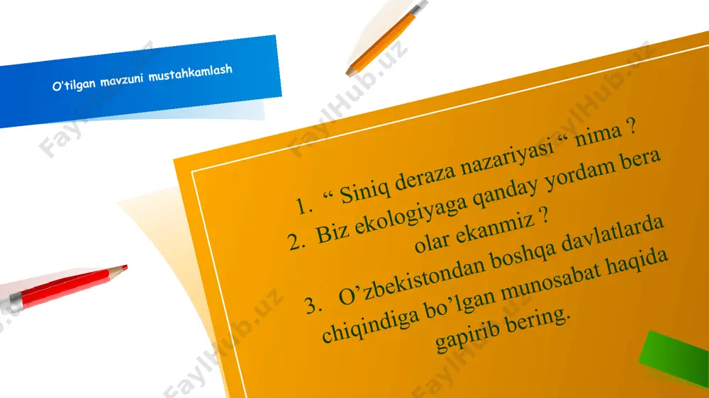 arog‘ini ishlatmang, o‘zingizning tarog‘ingiz bo‘lsin. yangi mavzuni mustahkamlash keling bolalar siz bilan mavzu yuzasidan muxbir metodidan foydalanamiz. o’quvchilar mikrofon olib bir birlari bilan savol - javob uyishtiradilar. sog’lom turmush tarzi nafaqat gigiyenadan balkim to’g’ri va sog’lom ovqatlanishdan ham iborat. e’tiboringiz uchun rahmat image1.png image2.png image3.png image5.jpeg image6.jpeg image7.png image8.png image9.png image10.png image11.png image12.png image13.png