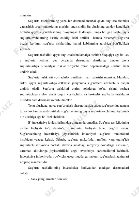 i; - o’qitish, maslahat ishlarini olib borish bo’yicha undirilgan to’lovlar hisoblanadi. sug’urtachining sug’urta xizmatlarini sotuvidan tashqari olgan daromadlari asosan o’z filiallariga ish qog’ozlarini (hisobot blanklari va shu kabilarni) tayyorlab berish, ularning yangi «mahsulot»ini reklama qilish kabilar hisobiga olinadi. ayrim hollarda ular ijara munosabatlari orqali ham shakllantiriladi. sug’urtachining sotuvdan tashqari daromadlarini hajmi sug’urta tashkilotining kattaligiga bog’liqdir. sotuvdan tashqari daromadlarni olish uchun amalga oshirilgan xarajatlarni sug’urta faoliyatiga yoki sug’urtadan boshqa faoliyatga taalluqli ekanligini aniqlash murakkab kechadi. shuningdek, sug’urta tashkiloti ma’lum bir sug’urta turi bo’yicha sug’urtalashni amalga oshirmayotgan bo’lsa-da, uni yo’lga qo’yish yuzasidan xarajatlarni sotuvdan tashqari daromadlari hisobiga bajaradi. ma’lumki, sug’urtada risklar transformatsiyasi jarayonida hamda bosh tashkilot va filiallar (yakuniy moliyaviy natija balansi yoki hisob raqamiga egaligiga ko’ra) o’rtasida mas’uliyat taqsimotining mexanizmi turlichadir. sug’urta faoliyati – sug’urta hodisasi yuz berishi oqibatida sug’urtalanuvchining zararini qoplash bilan bog’liq bo’lgan o’ziga xos iqtisodiy faoliyat turidir. sug’urta hodisasi yuz berishi yoki bermasligiga ko’ra qoplama to’lashning ilmiy asoslanganlik …