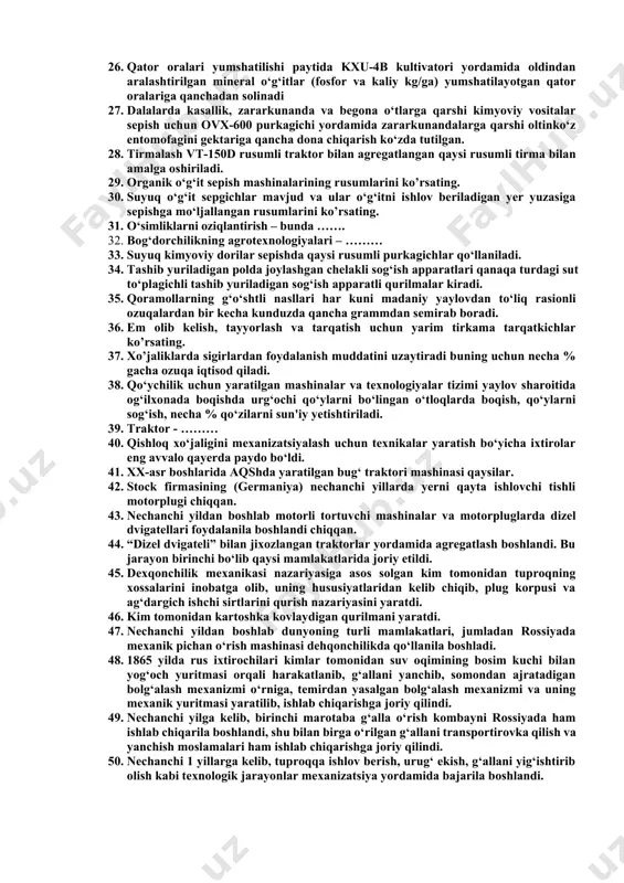 mli gerbitsid sepiladi, uning sarfi qancha kg/ga ga. 17. yerga ishlov berish agrotadbirida gerbitsidni sepish haydovdan necha kun oldin amalga oshiriladi. 18. tuproq turlariga qarab haydov chuqurligi necha sm ni tashkil etadi. 19. sho‘rlangan, necha metrli gips qatlamiga ega bo‘lgan tuproqlar hamda o‘ta zichlangan og‘ir tuproqlar oldindan necha sm chuqur yumshatilib, keyin necha sm chuqurlikda haydaladi. 20. paxta yetishtirishning asosiy agrotadbirlarni tahlili va texnikalar tanlashda notekislik, do‘ngliklar qaysi greyderlar pichoqlari bilan tekislanadi. 21. ko‘pincha pushta kuzda gx-4 kabi rusumli pushta olgichlar bilan tayyorlanadi va qator oralig‘i 90 sm bo’lganda pushta balandligi qancha sm bo‘ladi. 22. ko‘pincha pushta kuzda gx-4 kabi rusumli pushta olgichlar bilan tayyorlanadi va pushta balandligi quyidagicha: qator oraliglarda 90 sm, 60 sm qanchadan sm bo‘ladi. 23. ko‘pincha pushta kuzda gx-4 kabi rusumli pushta olgichlar bilan tayyorlanadi va qator oralig‘i 60 sm bo’lganda pushta balandligi qancha sm bo‘ladi. 24. boshoqli donlarni ekishda qanaqa rusumli don ekish seyalkalari ko’rsating. …