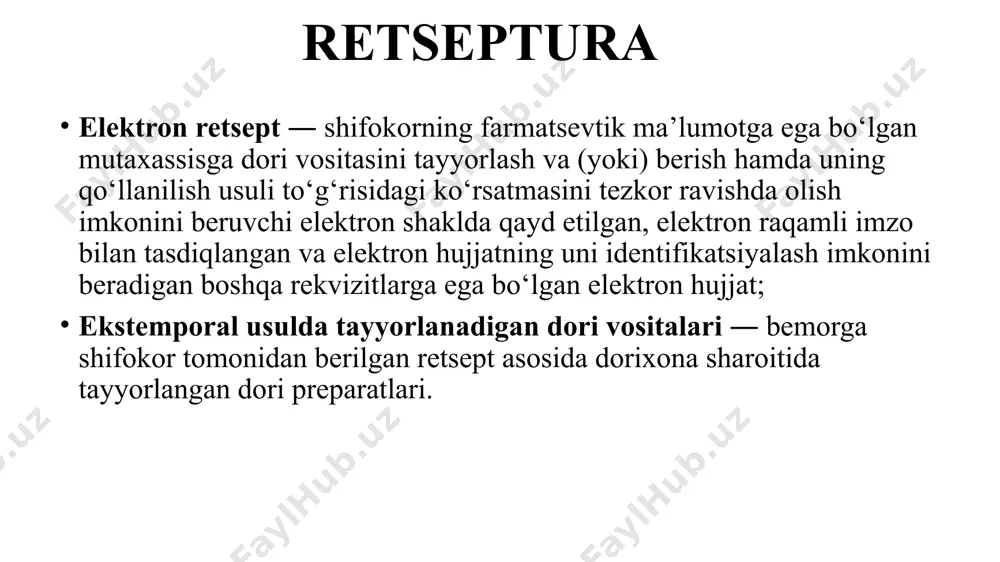 iy qism: shakl beruvchi (surtma asoslari - constituens) hamda bir yoki bir necha ta‘sir koʻrsatuvchi moddalardan (basis) iborat boʻladi. shuningdek, stabilizatorlar, sirt-faol moddalar, konservantlar va boshqa yordamchi moddalar saqlashi mumkin. surtmalar rp.: unguenti zinci oxydi 10% - 20,0 d.s. jarohatlangan joyga surtish uchun. rp.: unguenti neomycini sulfatis 1 % — 50,0 d. s. jarohatlangan joyga surtish uchun. rp.: unguenti neomycini sulfatis 0,5 — 50,0 d. s. jarohatlangan joyga surtish uchun. rp.: unguenti tetracyclini 1 500 000 ed — 50,0 d. s. jarohatlangan joyga surtish uchun. qattiq dori shakllari qattiq dori shakllariga quyidagilar kiradi: tabletkalar, drajelar, kukunlar, kapsulalar, granulalar, hapdorilar (pilyulalar), karamellar va boshqalar. tabletkalar tabletka bosh kelishik birlik sonda - tabuletta, tushum kelishigi birlik sonda - tabulettam; tushum kelishigi koʻplik sonda - tabulettas; joʻnalish kelishigi koʻplik sonda - in tabulettis. tabletkalar – dozalarga boʻlingan qattiq dori shakli boʻlib, dori hamda yordamchi moddalarni kimyo-farmasevtika korxonalarida maxsus avtomatlarda presslash yoʻli bilan tayyorlanadi. …