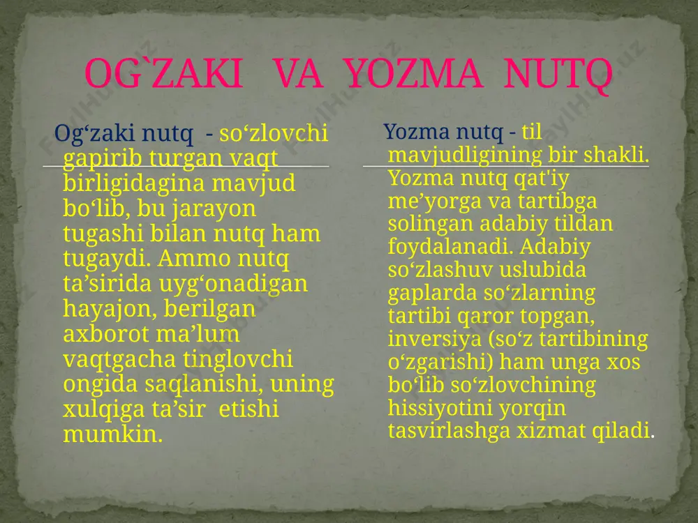 il imo-ishoralar fikrning tinglovchiga yetib borishida ahamiyat kasb etadi. og‘zaki nutq tilning noverbal vositalari: turli mimika va jestlar yordamida ifodalanish imkoniga ega. og‘zaki nutqda soʻz birikmalari va gaplarning modellari aytilmoqchi boʻlgan fikrga monand holda tezkorlik bilan tanlanadi. gap qurilishini, modellarini aql nazorat qilib boradi. fikrni aytilganlarni ushlab koʻrgan holda rivojlantirishga toʻg‘ri keladi. agar xotira ozgina “dangasalik” qilsa, gap tuzilishi, soʻz birikmalari oʻzaro mantiqan va grammatik bog‘lanmay qoladi. chunki yangi qism avvalgi qism unutilgani uchun u bilan moslasha olmaydi. og`zaki nutq yozma nutq image3.jpeg /docprops/thumbnail.jpeg