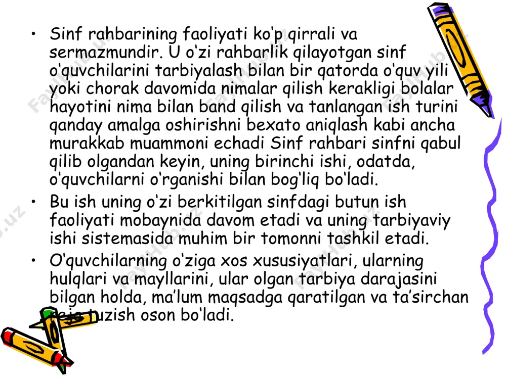 demak, individual munosabat bolaga tarbiyaviy ta’sir etishning eng samarali yo‘lini topish imkoniyatini beradi. tarbiyaviy ishlar jarayonida sinf rahbari butun sinf jamoasini ham o‘rganishi kerak. sinf rahbari o‘ziga berilgan sinfni qabul qilib olish bilan bolalar haqida ko‘pgina ma’lumotlarni aniqlaydi. bu ma’lumotlar bolaning oilasidan o‘qituvchilardan, o‘rtoqlaridan olinadi va tarbiyaga yagona ta’sir birligi ham shu asosda vujudga keladi. mana shu o‘rinda bolalar ota-onalar va o‘qituvchilar o‘rtasidagi o‘zaro munosabatlar masalasiga alohida e’tibor berish lozim. bu uchlik markazida bola, ya’ni o‘quvchi turadi, maktab va oila esa unga ikki tomondan ta’sir etadi. ayni vaqtda bola maktab bilan oilasidagi aloqani ta’minlovchi vosita rolini ham bajaradi. ko‘pincha oila bilan maktab o‘rtasida vujudga keladigan anglashinmovchilik ham mana shu tufayli ro‘y beradi. o‘quvchi kattalarning o‘zi bilan muomola qilayotgan vaqtdagi pozitsiyasini solishtirib ko‘rish orqali ma’lum xulosaga keladi va o‘ziga hukum chiqaradi. xuddi shu hol uning xulqida o‘z aksini topadi va u bir gal o‘qituvchining, boshqa vaqt ota-onasining tarbiyasini oladi. xatto eng …
