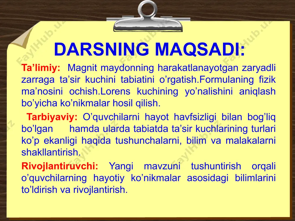 tgan zaryad ham o’z atrofida magnit maydon hosil qiladi. buni birinchi bo’lib golland fizigi xendrika antona lorens aniqlagan. shuning uchun harakatli zaryadga ta’sir qiluvchi bu kuchni olim sharfiga lorens kuchi deb atalgan. yangi kuch lorens kuchi fl=q v b fl q v b lorens kuchi zaryad miqdori zaryadning tezligi magnit maydon induksiyasi vektori { n} { c} {m/s} {tl} ta’rif : harakatlanayotgan zaryadli zarraga magnit maydoni tomonidan ta’sir etadigan kuch lorens kuchi deyiladi. lorens kuchi: bir jinsli magnit maydonida harakatlanayotgan zaryadli zarraga ta’sir etuvchi bu kuch fl : zarraning zaryadining miqdoriga q, 2) uning harakat tezligiga v, 3) magnit maydon induksiya vektori b larning ko’paytmalariga tengdir. lorens kuchining ta’siri: 1) agar zaryad harakatsiz bo’lsa,ya’ni v=0, unda fl =0 demak,magnit maydon harakatsiz zaryadga ta’sir ko’rsatmaydi,chunki harakatsiz zaryad atrofida magnit maydon hosil bo’lmaydi. 2)agar zaryad magnit induksiya vektori bo’ylab harakatlansa ya’ni tezlik vektori magnit induksiya vektoriga paralel bo’lsa zaryadli zarraga magnit maydon …