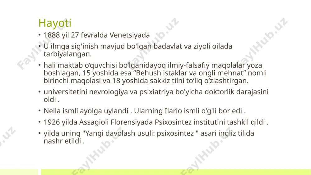 olashlari va o'qitishlari mumkin. inson "men" ni o'rganish yo'nalishlari: psixosomatik tibbiyot din psixologiyasi superongni o'rganish "psixik tadqiqotlar" yoki parapsixologiya sharq psixologiyasi "ijodiy tushunish" yaxlit yondashuv va shaxsiyat psixologiyasi shaxslararo va ijtimoiy psixologiya va psixiatriya, shuningdek, insonni antropologik o'rganish davolash va shaxsni rivojlantirishning "faol usullari" dinamik psixologiya va psixosintez 11 12 22 июля 2012 г. текст нижнего колонтитула psixosintez - bu psixosomatik kasalliklar uchun psixoterapiya usuli bo'lib, birinchi navbatda ularning sababi bemorning ongli va ongsiz kuchlarining turli guruhlari o'rtasidagi chuqur va murakkab to'qnashuvda yoki ular chuqur va og'riqli inqirozlar natijasida yuzaga kelganda qo'llaniladi. mohiyat psixosintez yangi shaxsni shakllantirish yoki qayta qurishdan iborat bo'lib, u uyg'unlik, tashkiliylik va birlik bilan ajralib turadi. shaxs 7 komponentdan iborat murakkab tuzilmadir: 13 subpersonallik tushunchasi subpersonallik - bu nisbatan mustaqil mavjudlikka ega bo'lgan shaxsning dinamik pastki tuzilishi. eng ko'p uchraydigan subpersonalliklar bu hayotdagi rollarimiz bilan bog'liq. ota mutaxassis musiqachi o'zingizning haqiqiy (yuqori) shaxsingizni amalga oshirish shu …